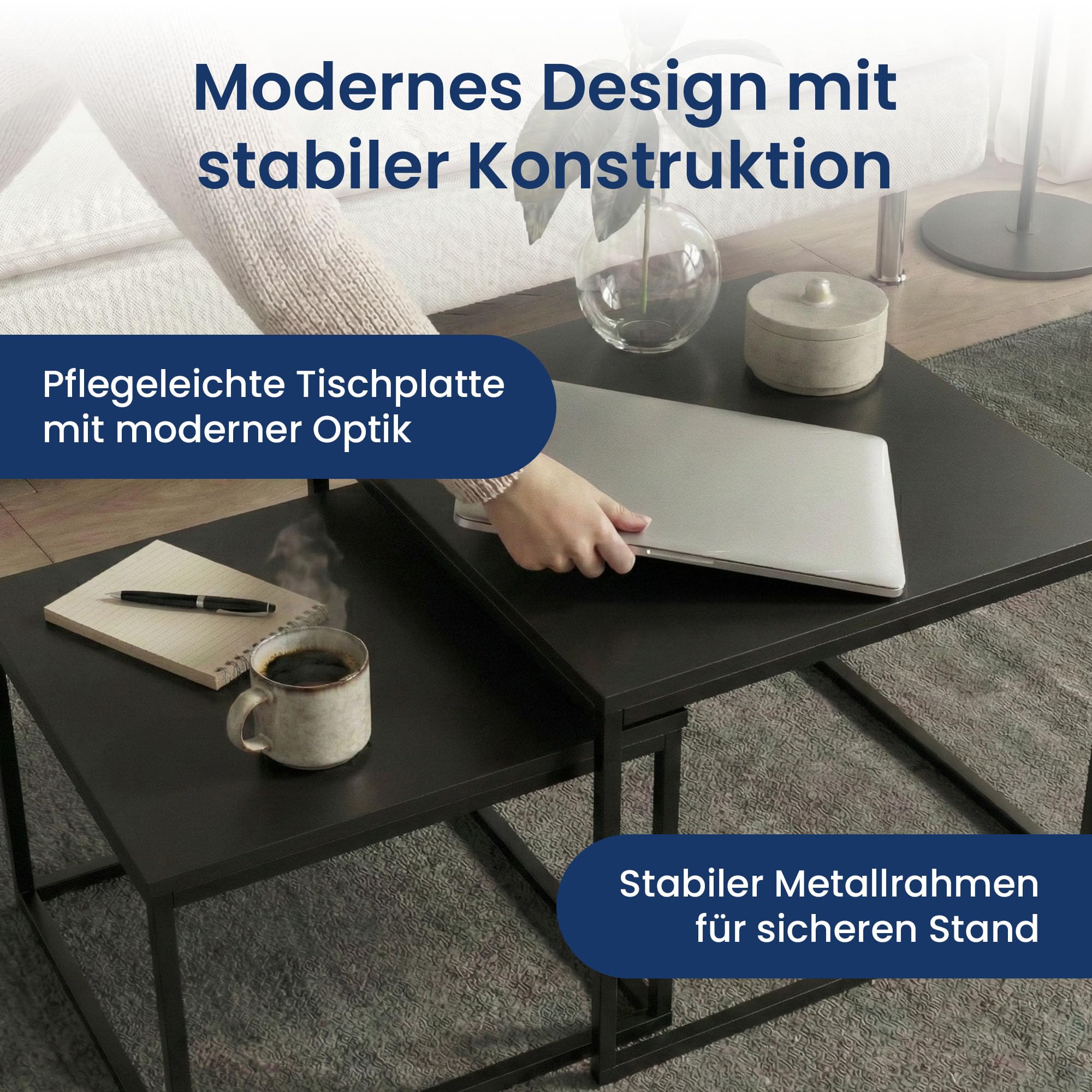Home Collective Couchtisch 2er Set quadratisch aus Holz, Wohnzimmertisch Modern, Beistelltisch Set 2 in 1 mit Metallgestell für Wohnzimmer Büro Beistelltisch Loft Design Twin | Schwarz