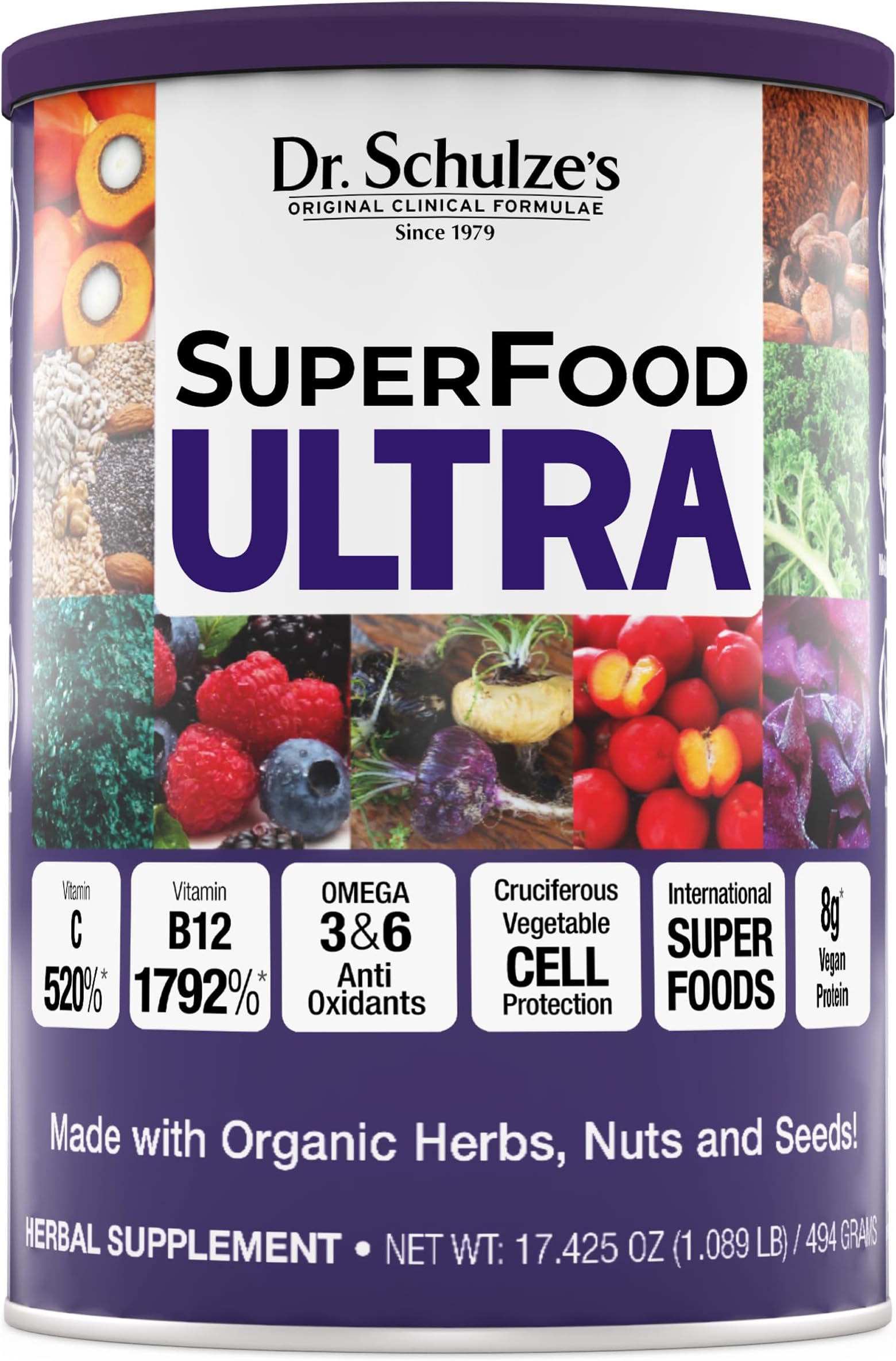 Dr. Schulze's SuperFood Ultra | Organic Super Food Powder | Vitamin B Complex and 520% Vitamin C | May Help Boost Energy & Improve Fitness | Vegan, Non-GMO & Gluten-Free | 17.4 Oz