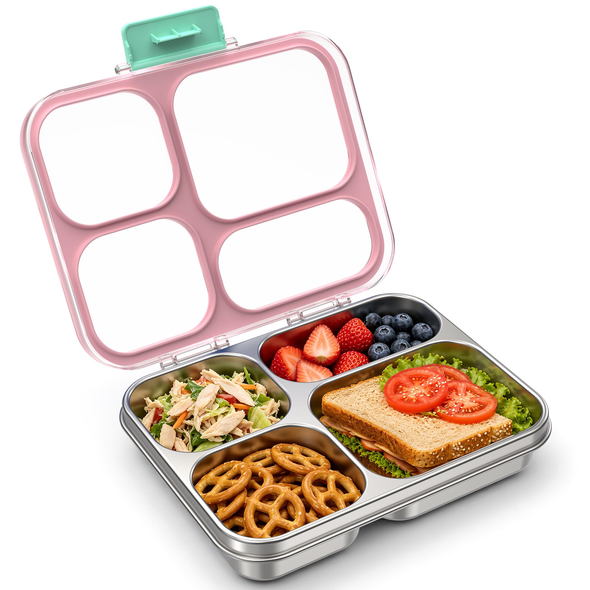 VITONIS Edelstahl Brotdose Kinder Metall Bento Lunchbox mit 4 Fächern, 930 ml Auslaufsichere Brotbox Sandwichbox Brotzeitdose Vesperdose Brotbüchse, Spülmaschinenfest