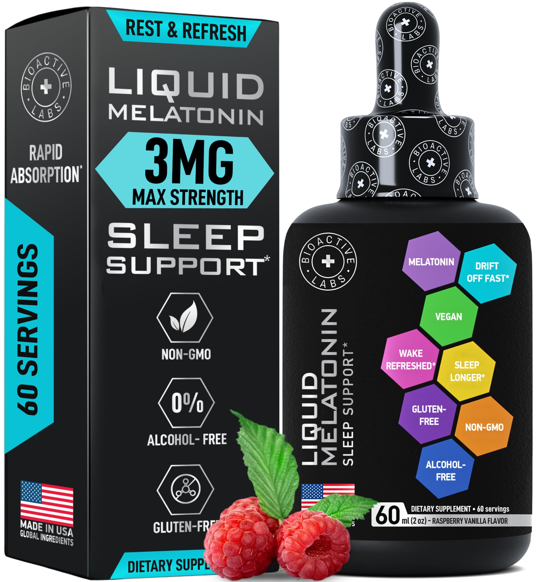 Liquid Melatonin for Adults and Children - 3mg Extra Strength Sublingual Liquid Melatonin for Kids and Adults - Sleep Fast Liposomal Drops - Natural Raspberry Flavor Sleep Aid - 60ml