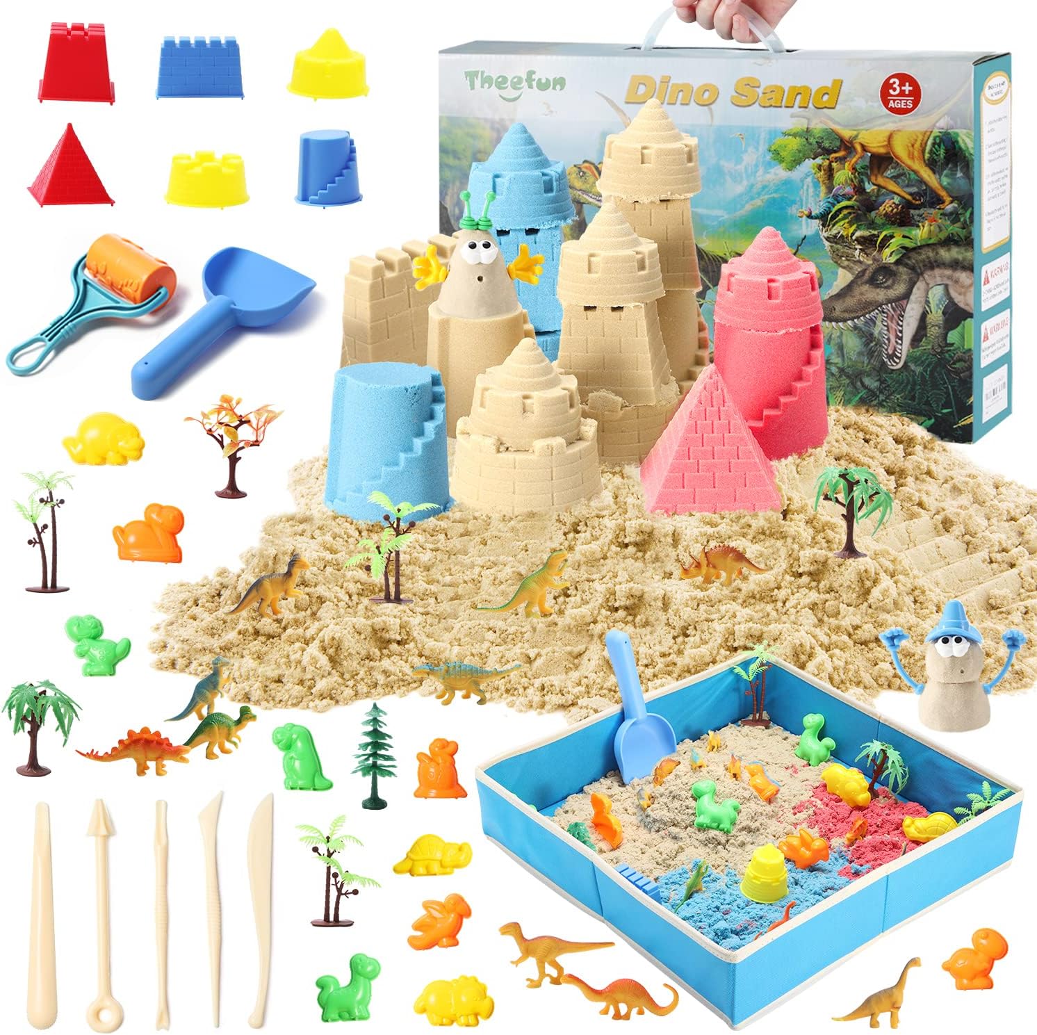Theefun Play Sand 46Pcs Sand Toys Set with 3lbs Colored Sand-Beach Sand,Foldable Cloth Sandbox, Castle Tools, Dinosaur Figures-Sand Art Kits for Toddlers Boys Girls Gifts