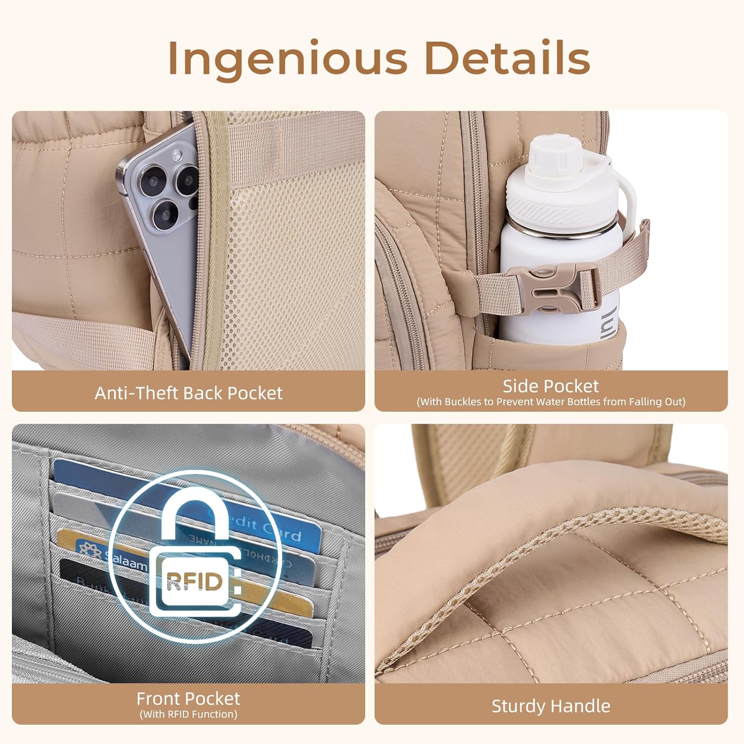 CLUCI 17.3 Inch Laptop Backpack for Women, Anti Theft Travel Backpack, Puffer Quilted Work Backpack, Water Resistant College Bookbag, Carry on backpack with RFID (Khaki) - Image 7