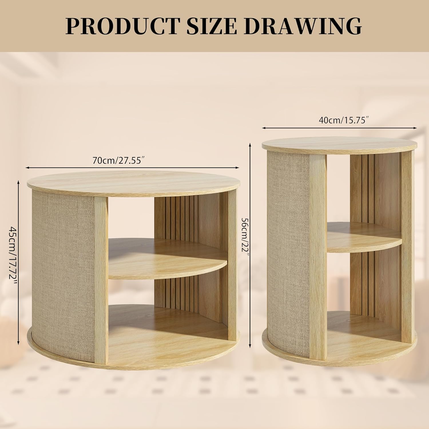 Wood Round Coffee Table Set of 3, 2-Tier Farmhouse Circle Center Coffee Table and End Table Sets with Adjustable Shelf, Sackcloth Finish, Boho, for Living Room, 27.5 Inches, Nature