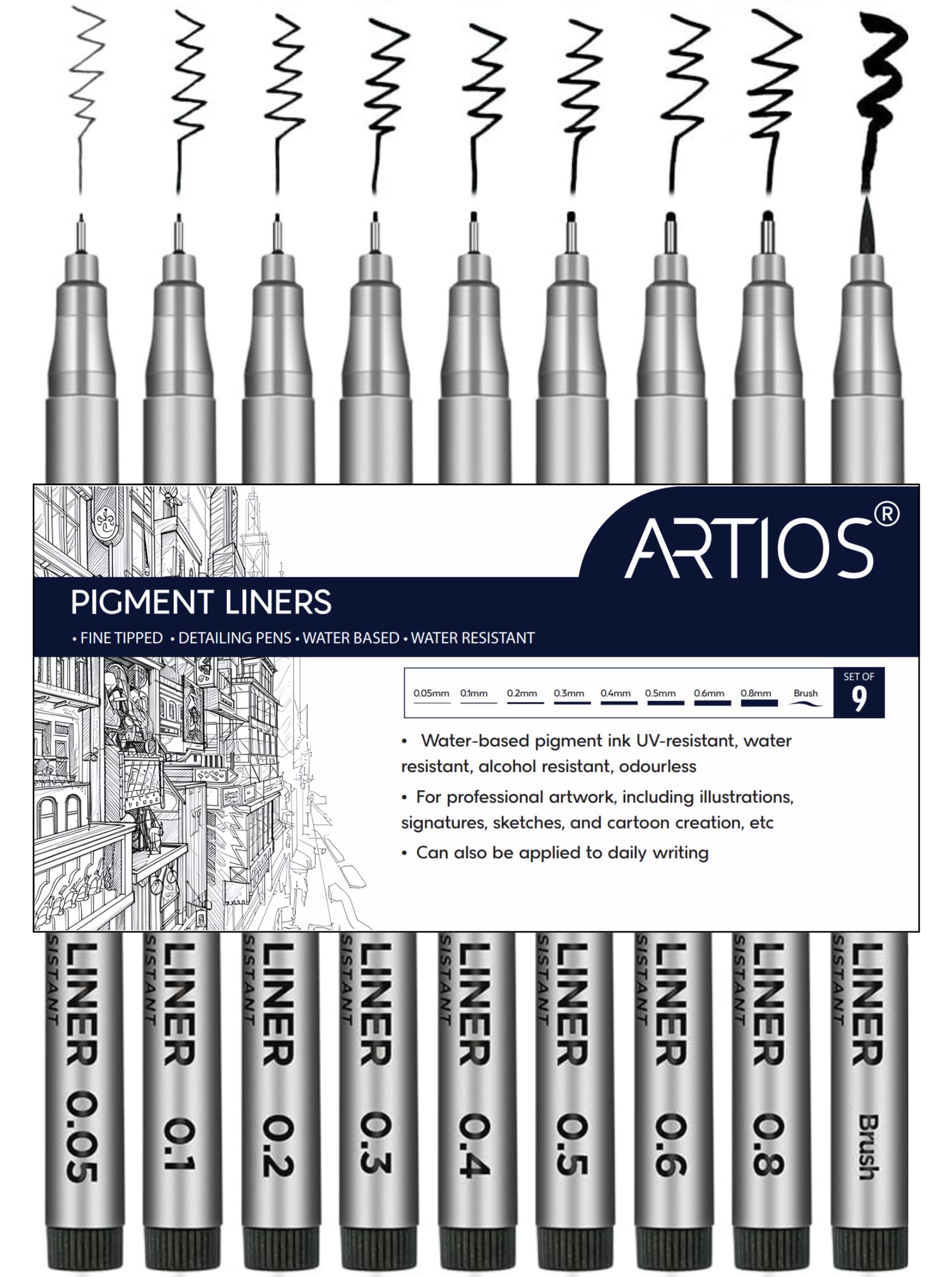 ARTIOS Premium Fineliner Pens - Set of 9 Black Micro Pens (0.05mm to 0.8mm) | Fine Liners for Writing, Drawing, Sketching & Mandala Art | Archival Quality Ink - Waterproof, Fade-Proof, Smudge-Proof