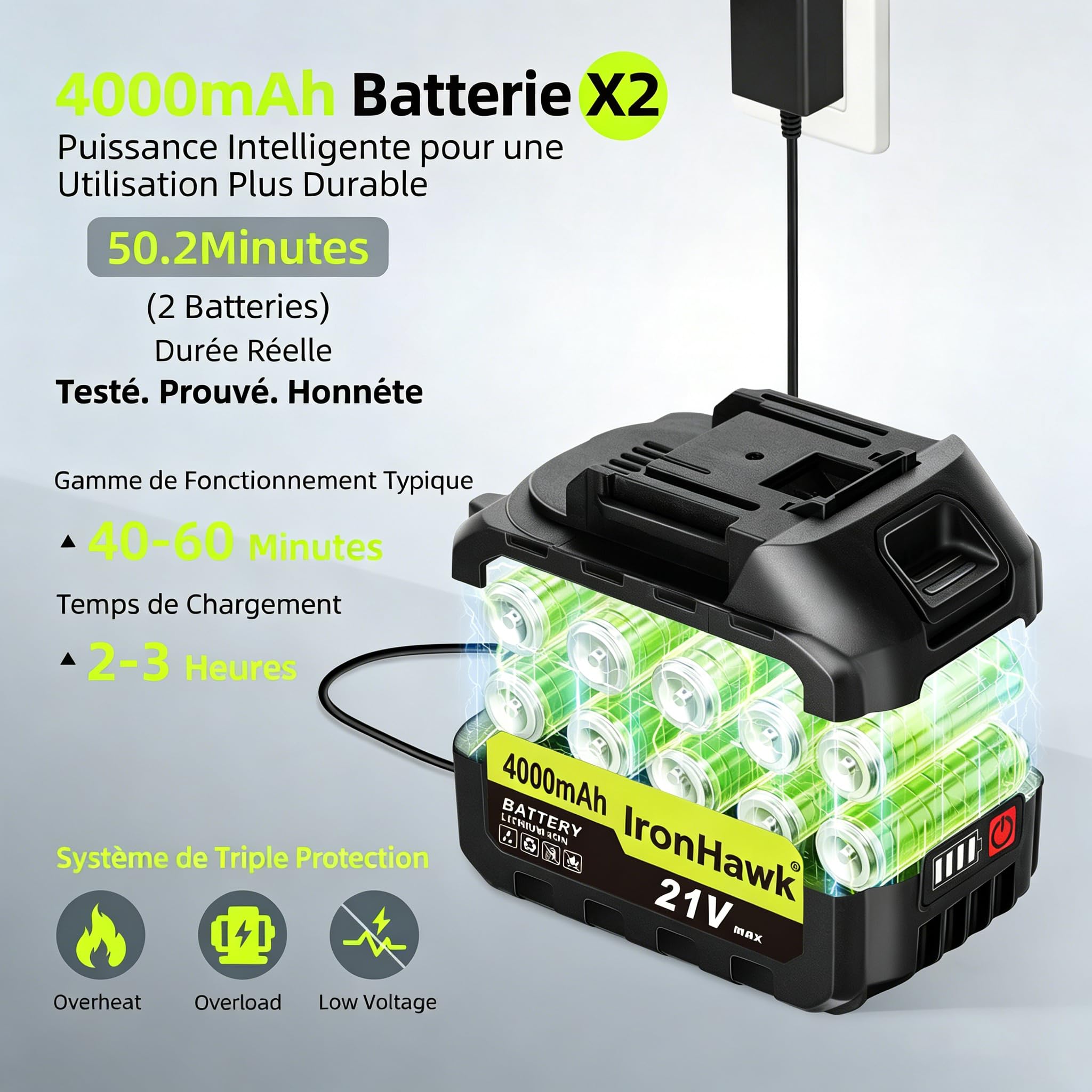 IronHawk Nettoyeur Haute Pression sans Fil, Pistolet de Lavage sur Batterie 380W Moteur sans Balais, 800 PSI avec Buse 6 en 1, 2 Batteries 4000mAh et 6M Tuyau, pour Voiture, Terrasse et Jardin