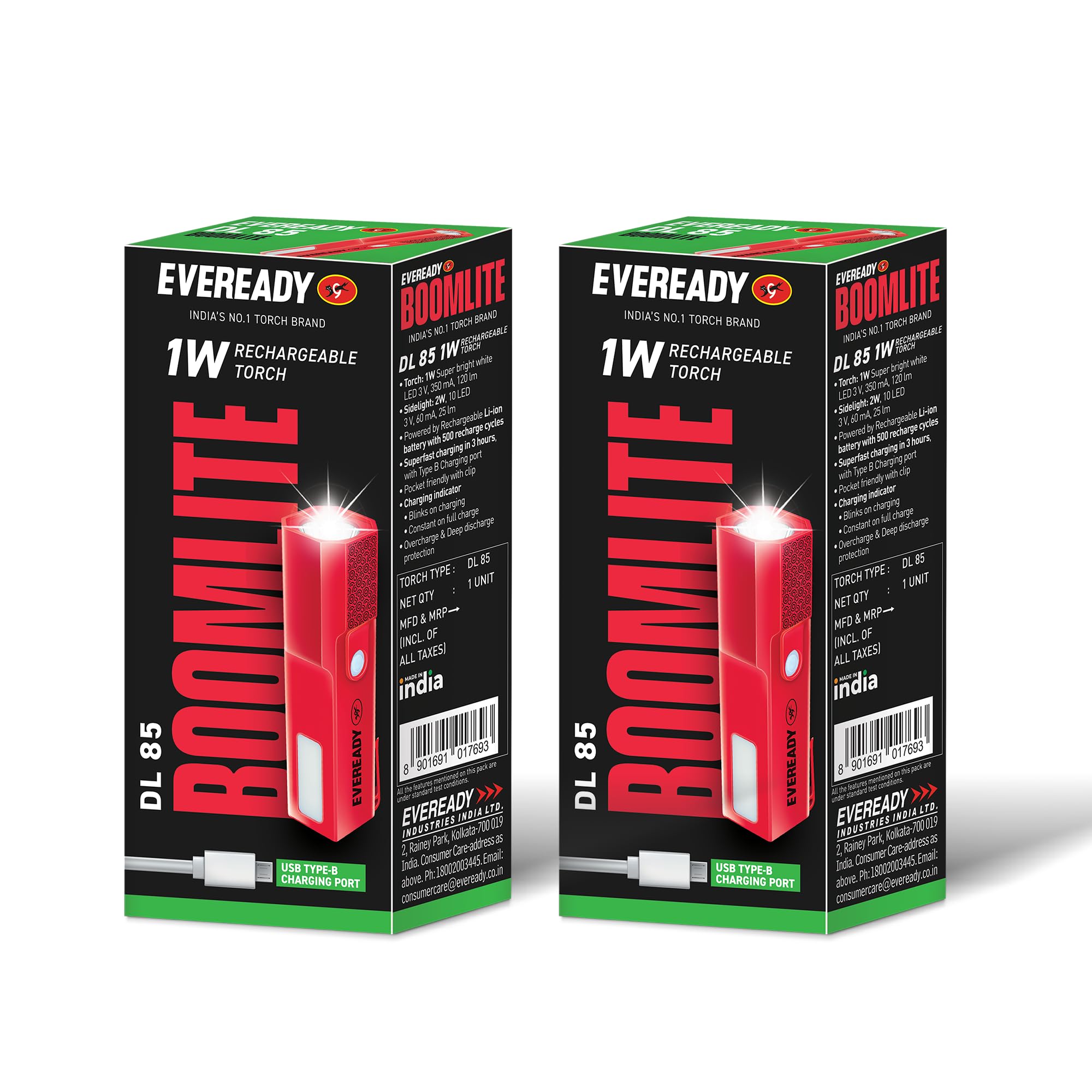 Eveready Boomlite DL85, Rechargeable 1W LED Torch Cum Emergency 2W SidelightType-B/Micro-USB Fast Charging, Overcharge & Deep Discharge Protection, Powered by Li-Ion Battery, Pack of 2