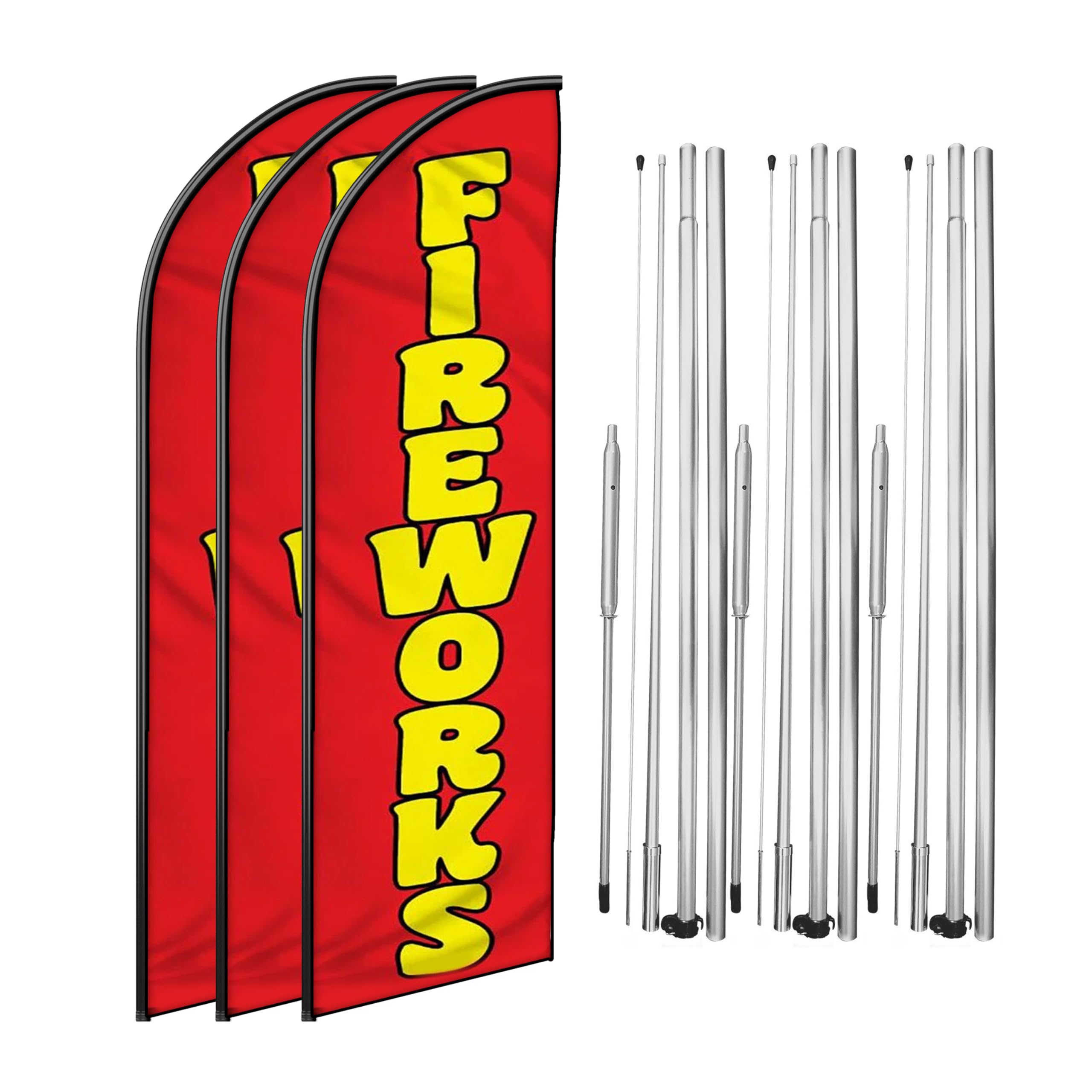 OnPoint Wares Firework King Feather Flag Kit – 2.5x12 ft Heavy-Duty Banner with Hybrid Pole Set, Pack of 3 | Advertising Marketing Sign | Weatherproof