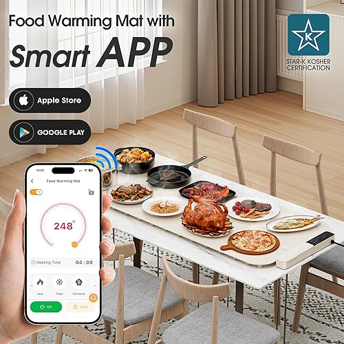 Miniatura 2 de Vabaso Tapete de calentamiento de alimentos extra grande con aplicación, ajuste de temperatura y temporizador de 37 x 15 pulgadas, se calienta en 5