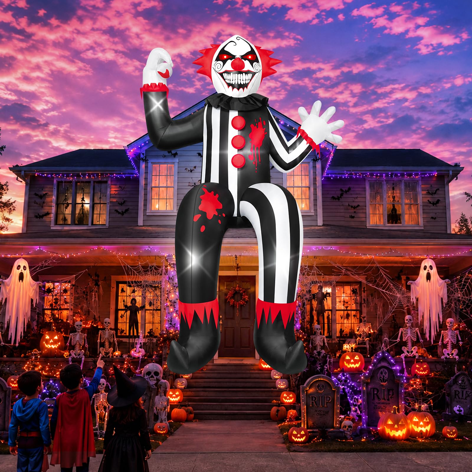 Kalolary Nadmuchiwana figurka na Halloween, 30 m, nadmuchiwany klaun, siedzący klaun, na krawędź dachu, Halloween, dekoracja zewnętrzna