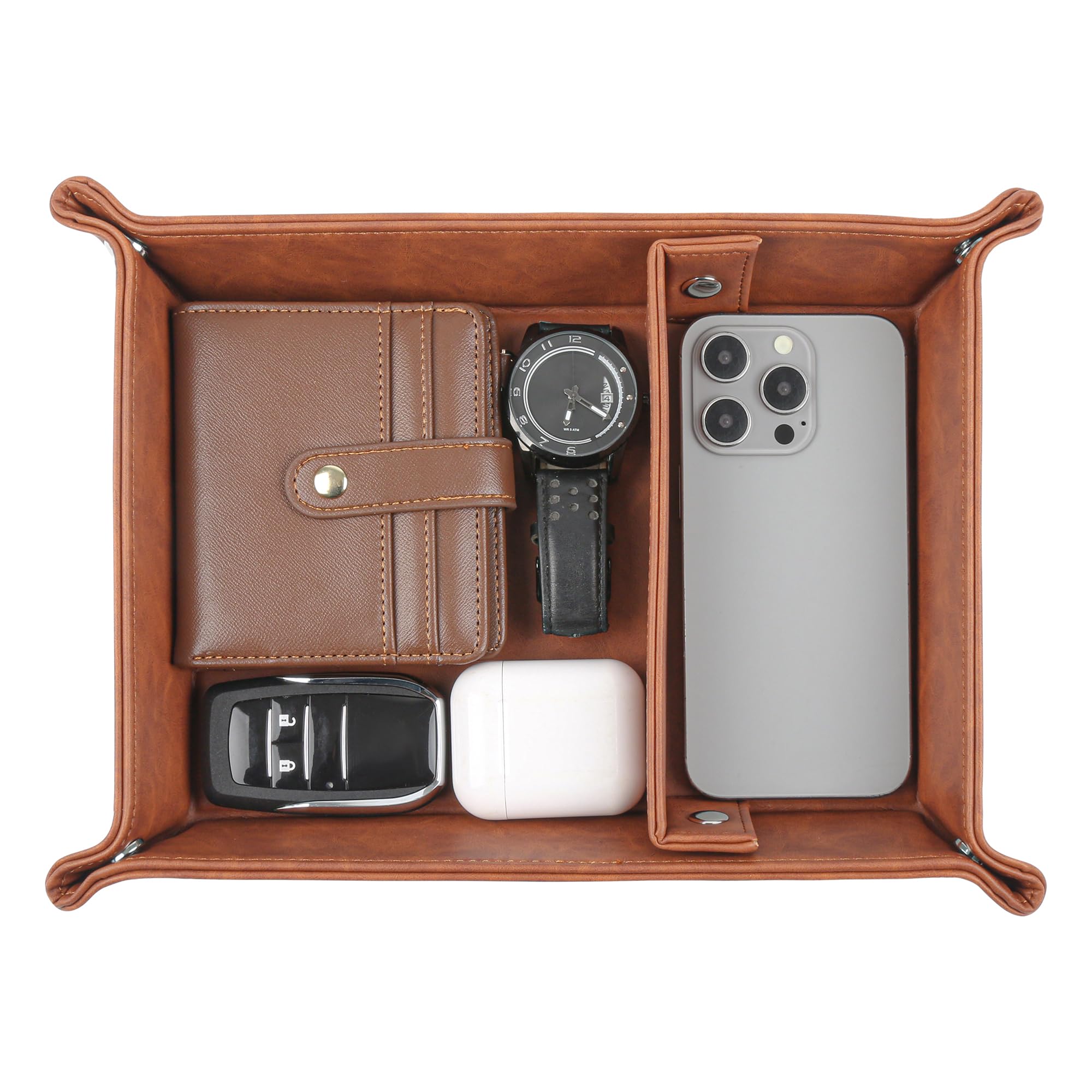 Deluxe Leather Tray Desktop Storage Organizer Watch Remote Control Jewelry Cell Phone Wallet Keychain Desktop Storage for Home, Camping Unique Gift Ideas for Men and Friends