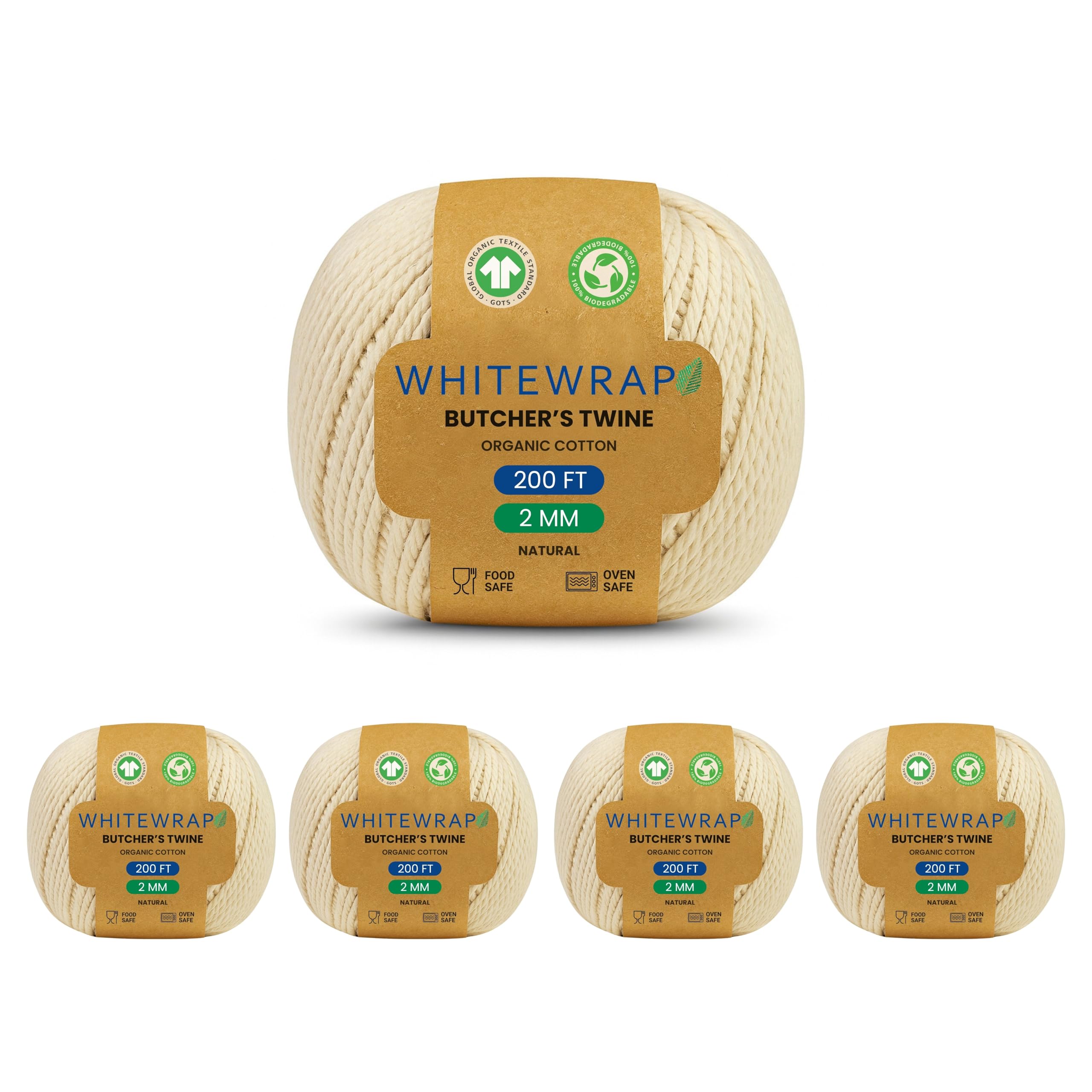 Organic Butchers Twine – 1000 Feet Total (5 × 200 ft Balls), Safe Kitchen Twine for Meat, Turkey, Baking, BBQ &amp; Crafts, 2 mm Heavy Duty Organic Cotton Cooking String