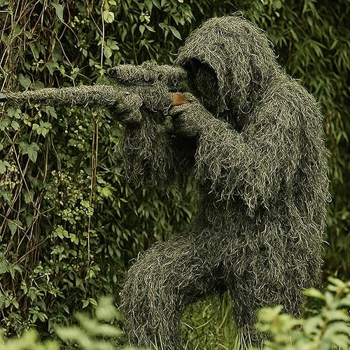 Miniatura 7 de Seeutek Traje Ghillie 6 en 1, ropa de caza de camuflaje 3D que incluye chaqueta, pantalones, capucha, bolsa de transporte y cintas de camuflaje