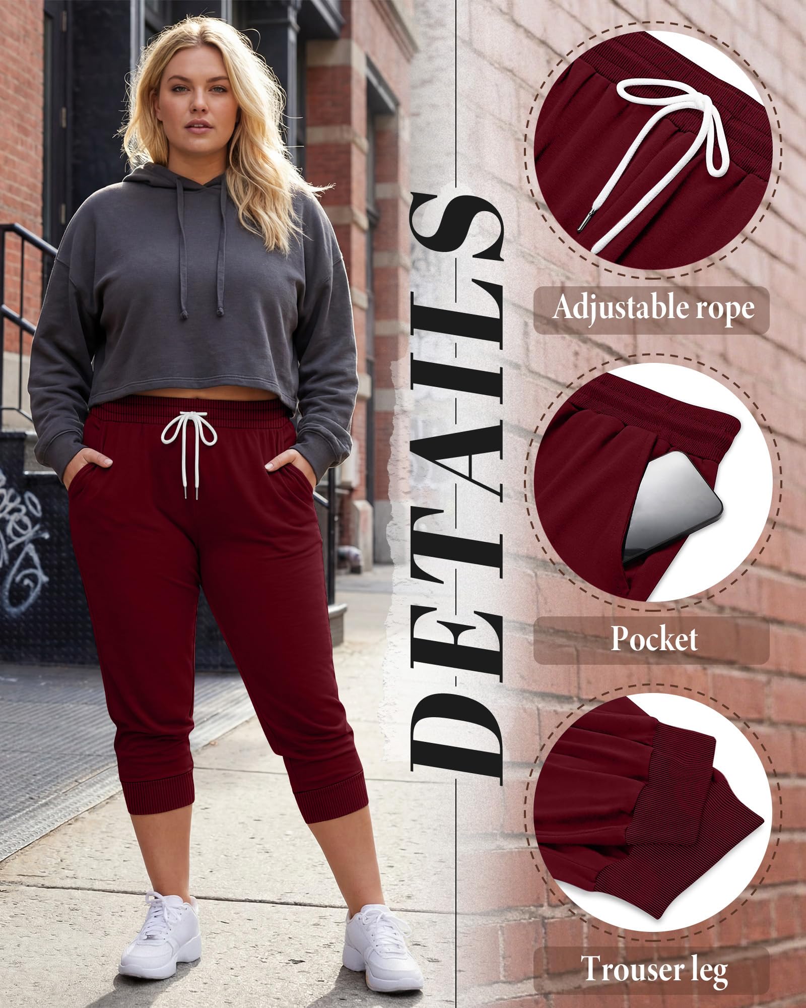 Neer Lot de 3 capris grande taille pour femme, pantalon capri en coton, pantalon de survêtement court et décontracté, avec cordon de serrage et poches