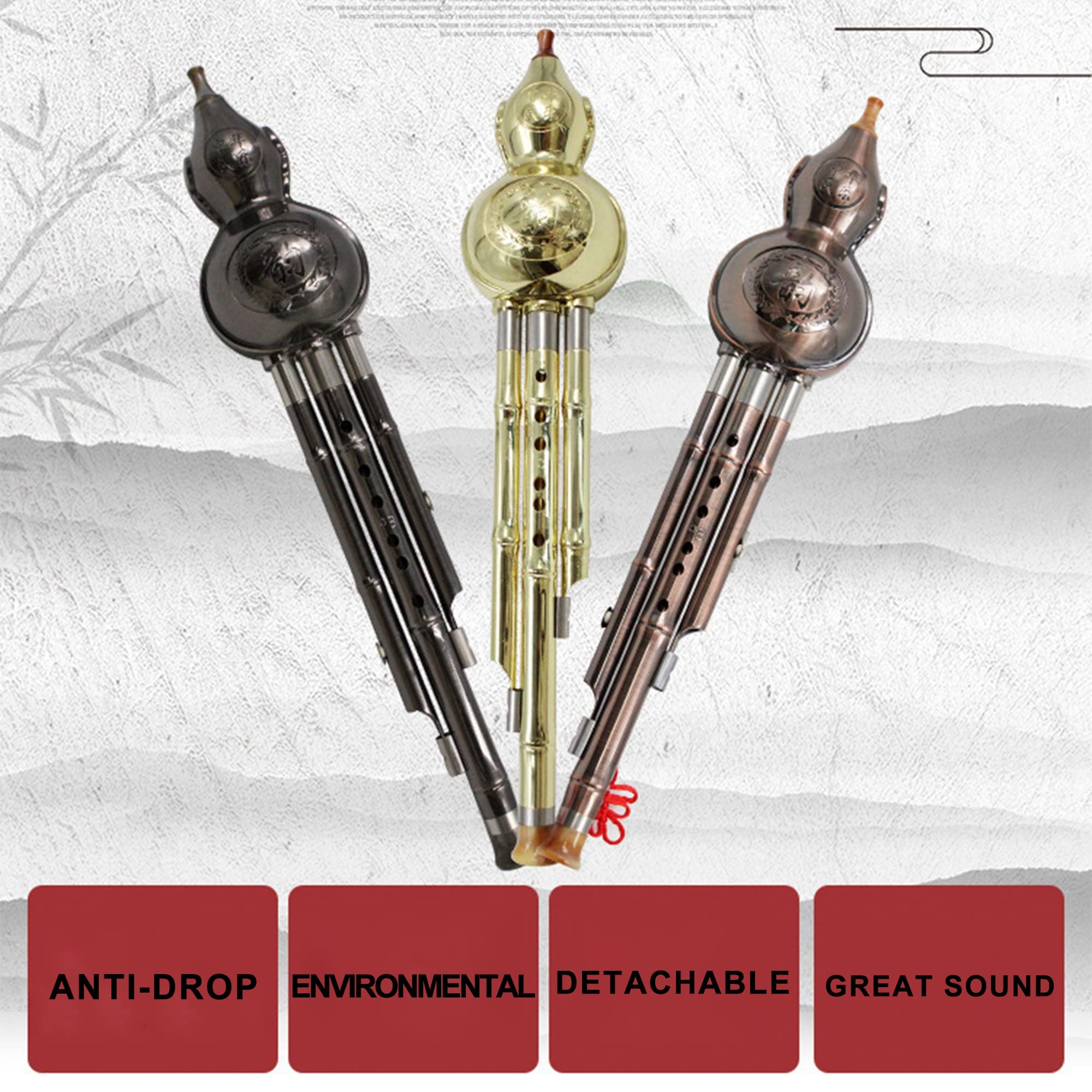 Hulusi Flauto C/Sib Chiave, Hulusi Cinese Ambientale, Cucurbita Staccabile, Strumento Tradizionale, for Principianti Amatori Musicali(Silver,C KEY)