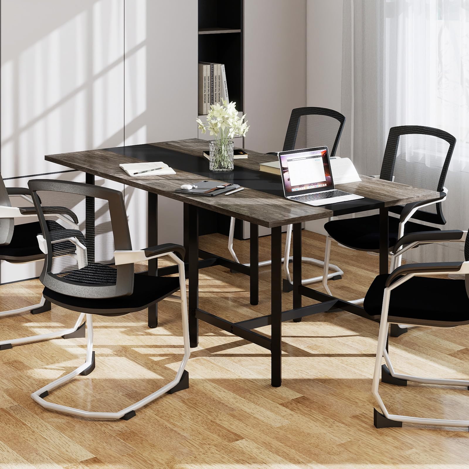 COSTWAY Tavolo da Conferenza Quadrato 100 cm, Tavolo da Riunioni con Piano Rinforzato e Struttura Metallica Robusta, Ideale per 4 Persone da Ufficio e Sala Riunioni (Grigio)