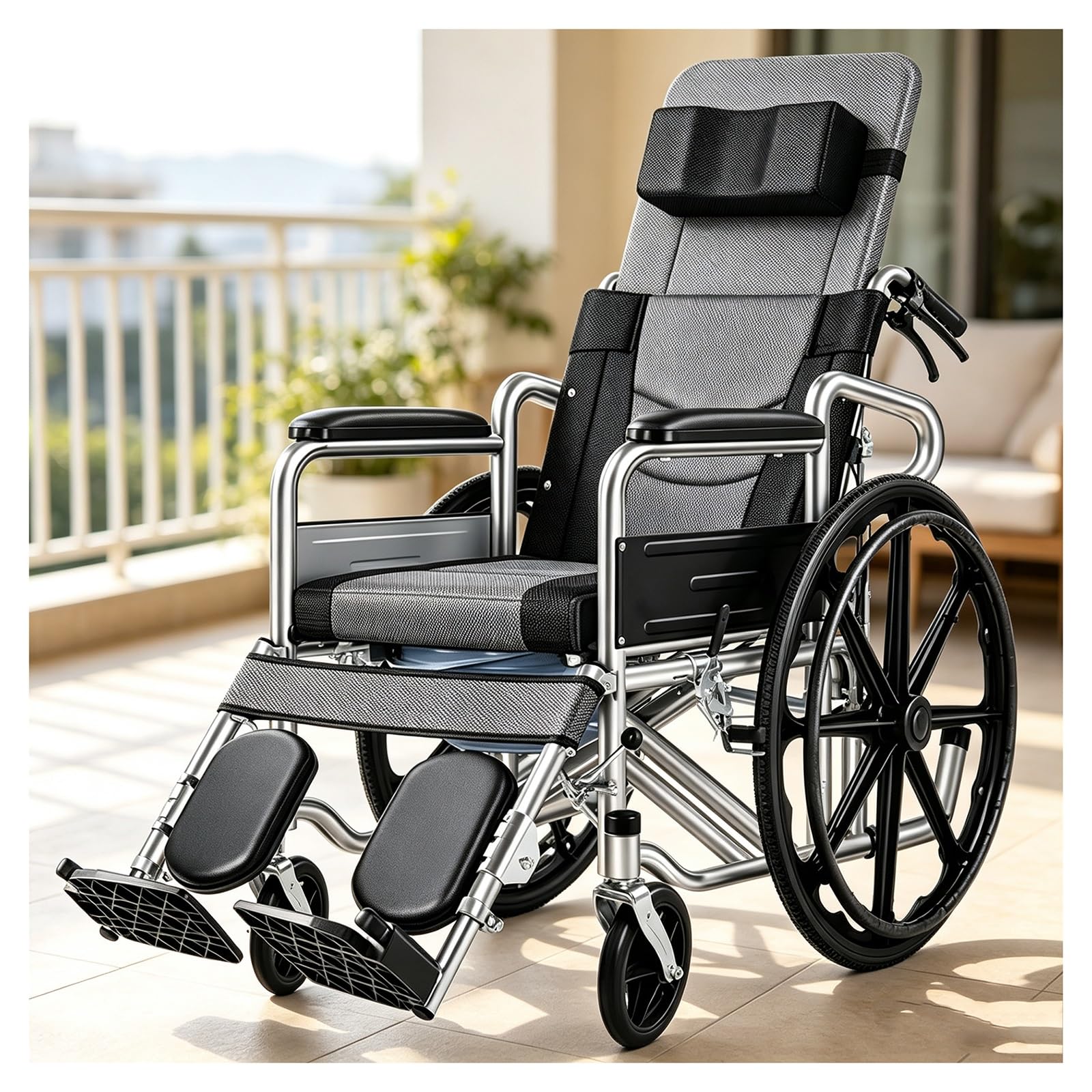 Sillas de Ruedas para Adultos Plegables Silla de Ruedas Ligera para Viajar | Respaldo Alto con Mesa de Comedor con Asiento de Inodoro Deslizante Frenos Dobles Tubos de Acero Engrosados
