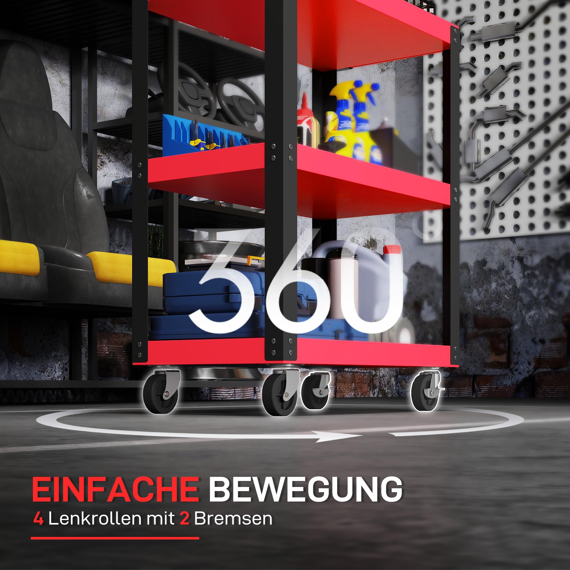 HOMCOM Werkstattwagen mit 3 Etagen, Werkzeugwagen leer, Transportwagen mit seitlicher Griff, 4 Rollen, bis 120 kg Tragkraft, Metall, 70,5 x 35 x 82,5 cm, Rot