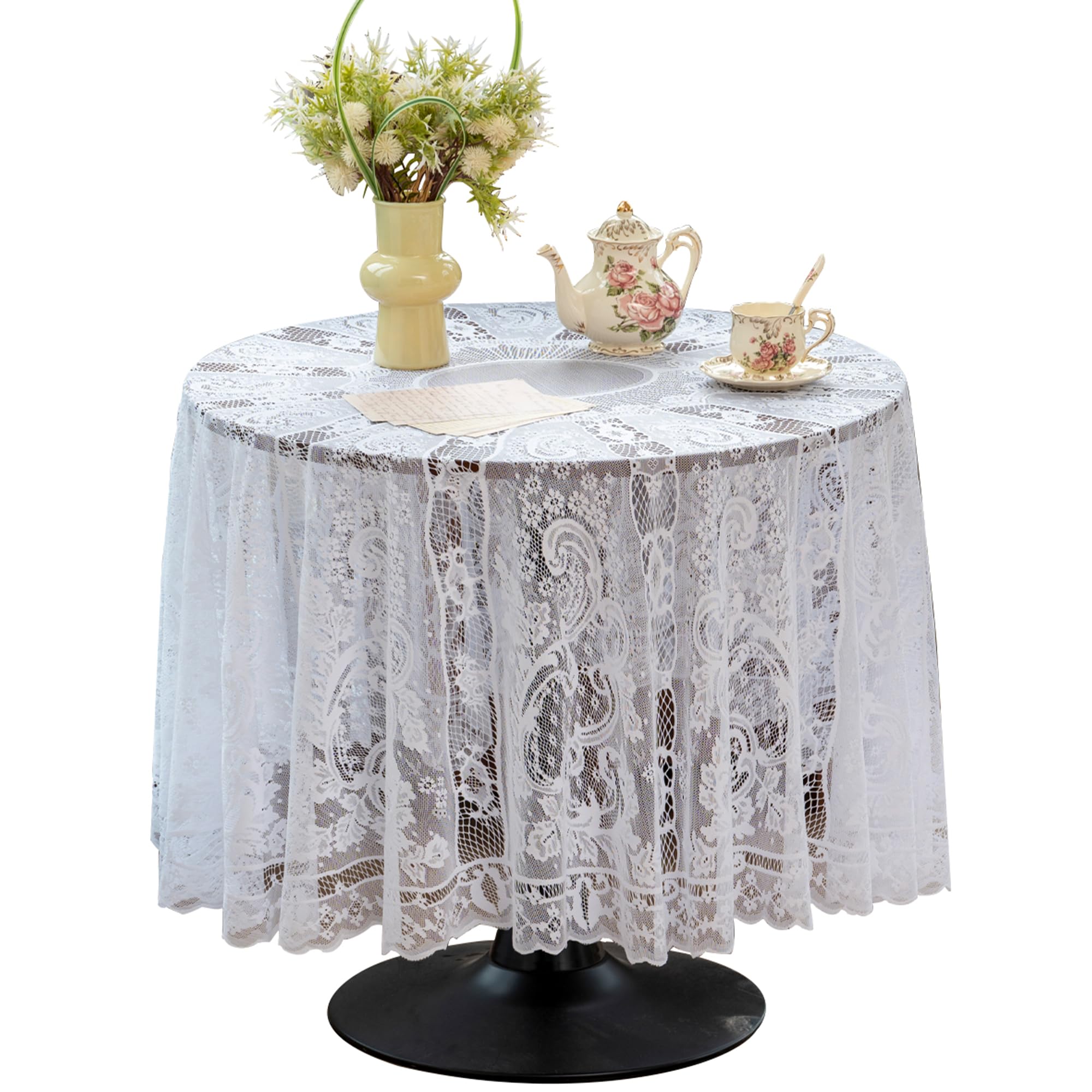 Jayla White Lace Round Tablecloth 72 Inches Daisy Flower Embroidered Wedding Table Cloths for Summer Outdoor Party Reception, Dinner Party, Baby