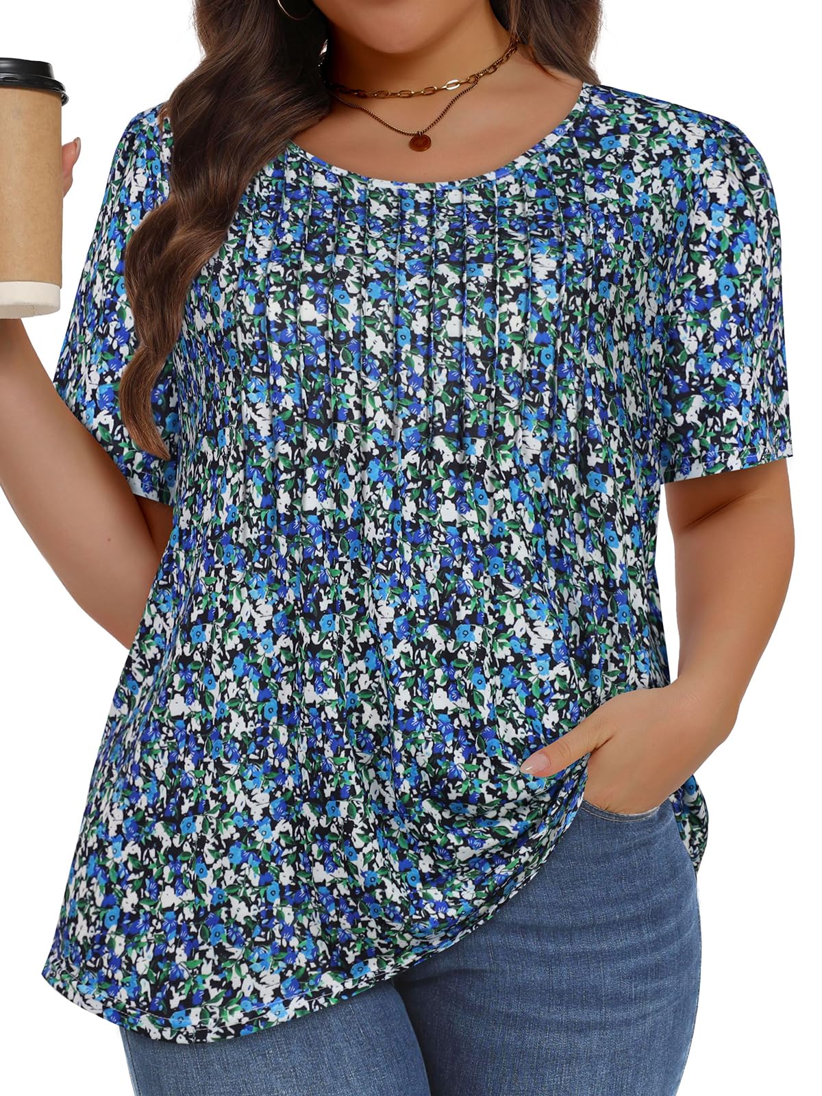 Plus Size Tops for Women Summer Pleated Short Sleeve Shirts Casual Blouses
