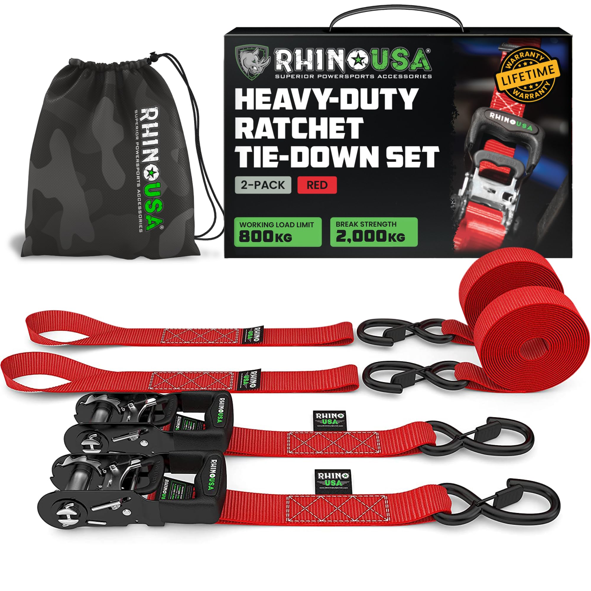 Rhino USA Ratchet Straps Heavy Duty Kit (2-Pack), 4cm x 2.4m (2,000kg Break Strength)