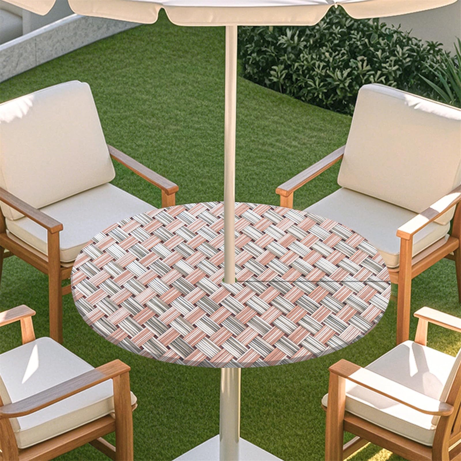 Odot Elastic Edge Round Fitted Tablecloth Protector Waterproof Outdoor Round Tablecloth with Parasol Hole and Zipper, Wipe Clean Table Cover for Garden BBQ Party, Woven (Pink,S:79-89cm)