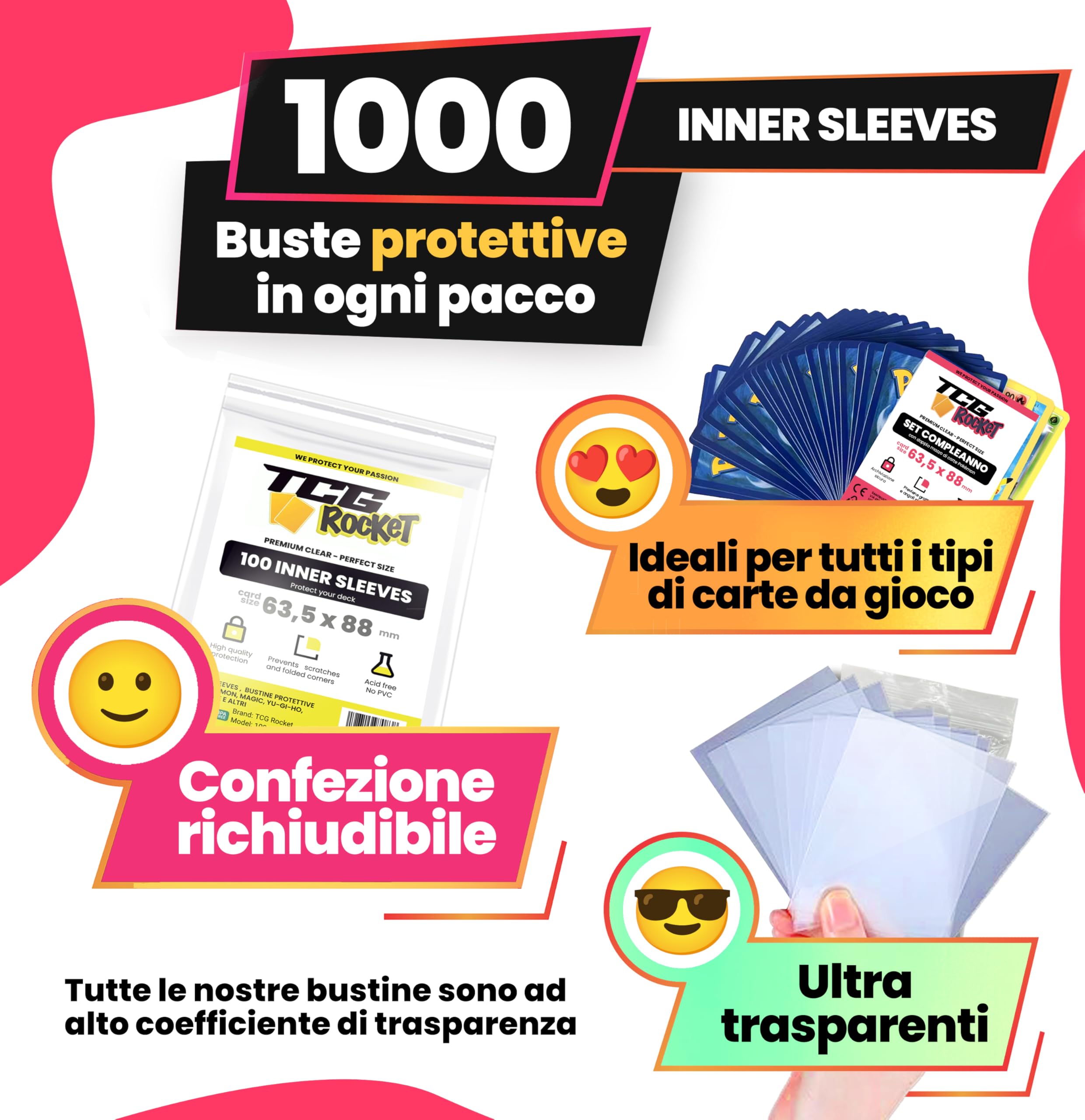 10 x 100 cartes Sleeves Perfect Size Sachets de protection 63,5 x 88 compatibles avec Pokemon et toutes les cartes à collectionner (1000 au total) (10)