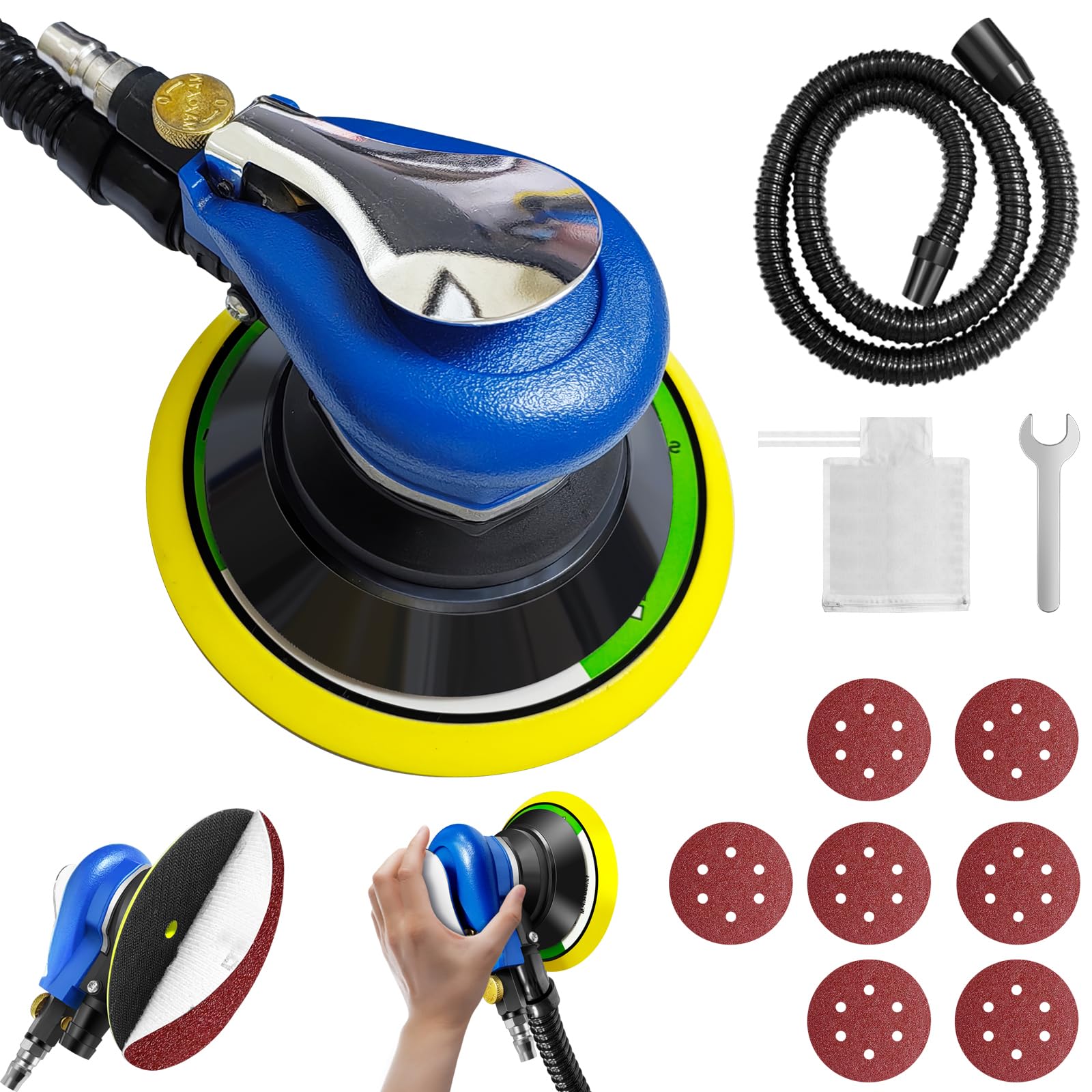 6" Air Random Orbital Sander 150mm Dual Action Pneumatic Palm Sander, Air Orbit Polisher with Speed Regulation, Dust Collection Hose & Bag and Sandpapers for Sanding Wood Metal, Auto Body Repair Work