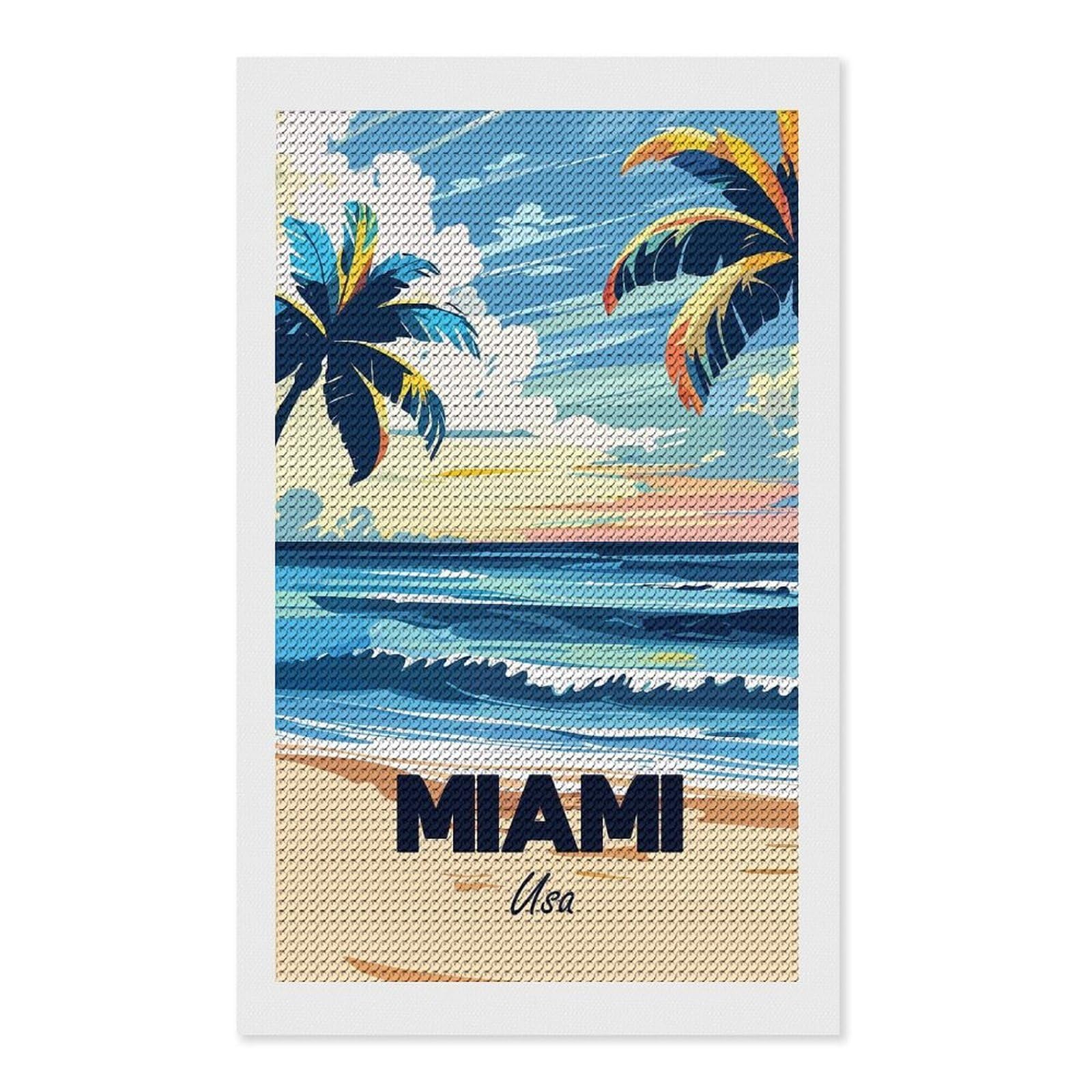 Junmoney Miami Beach Travel Diamond Painting Set 12"x20", Holiday Gift Idea, for Creative Relaxation, Fun Craft Experience, Vintage Style Decor