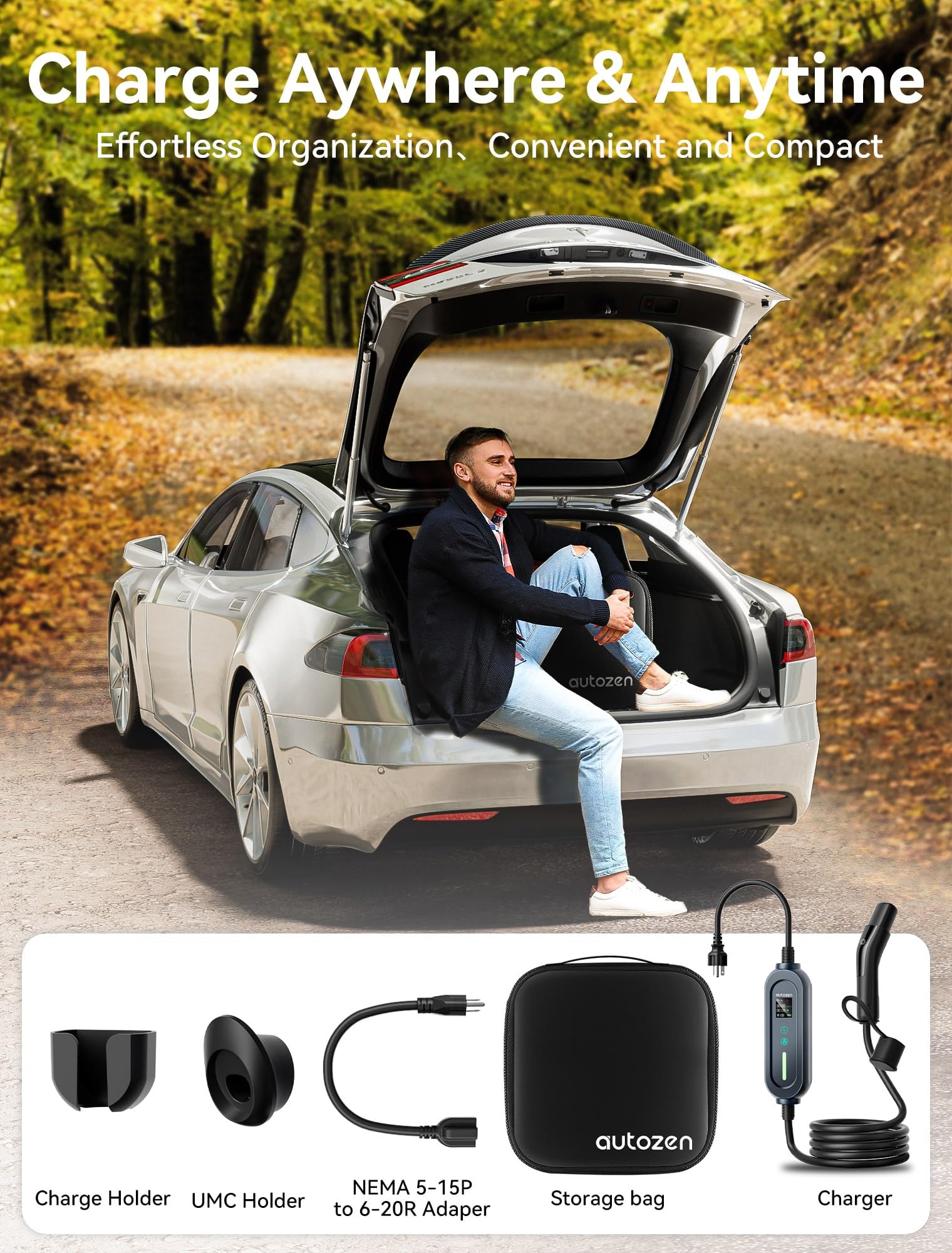 Electric Car Charger Level 1/2 Tesla Charger - 16A 110V-240V Mobile EV Charger With NEMA 5-15 & 6-20 Plugs (21ft Cable) Tesla Wall Charger