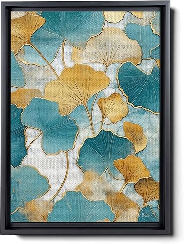 Gold Turquoise Ginkgo Leaf Print, Captivating Plants Wall Art, Ginkgo Biloba Leaf Print Painting, Embrace the Serenity of Nature