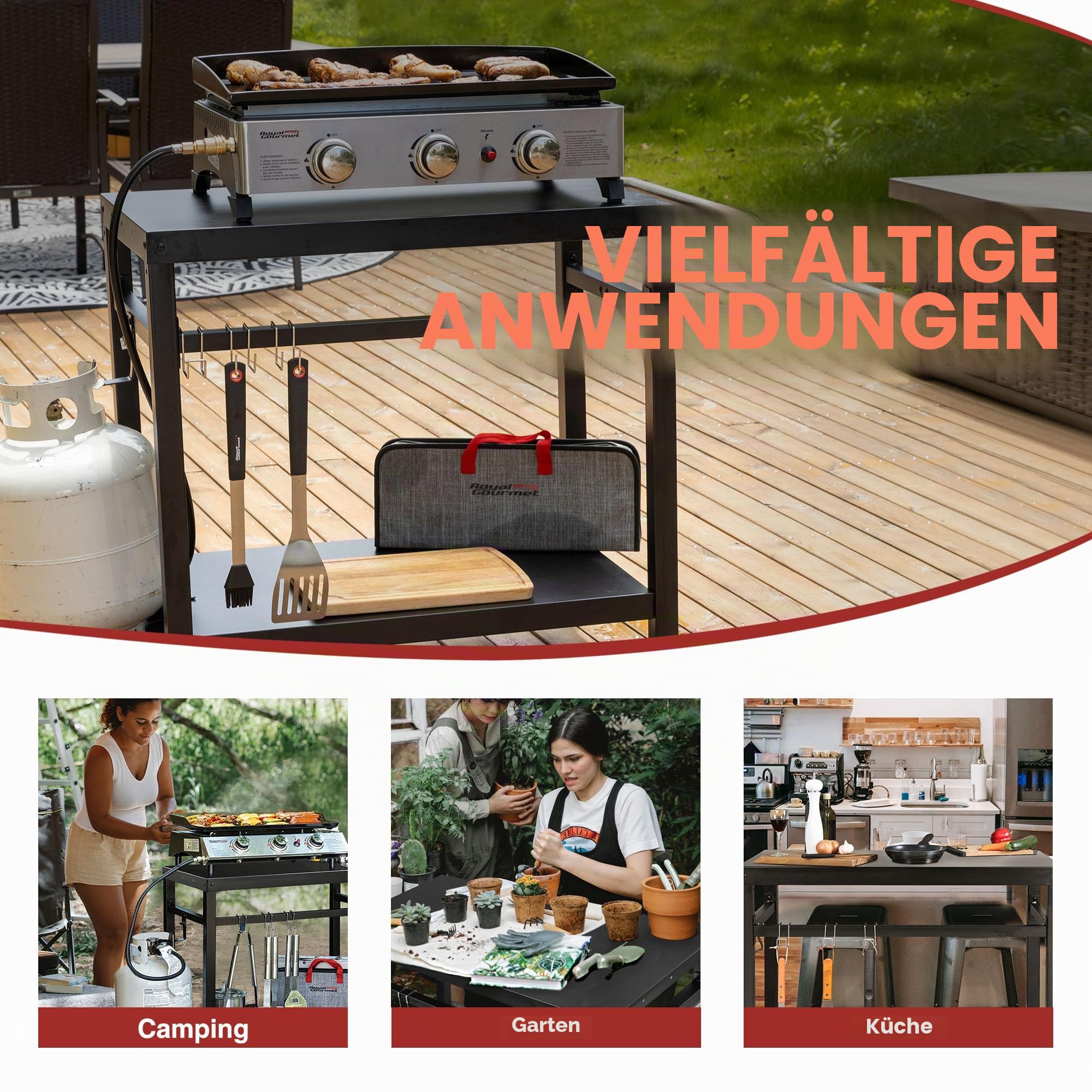 Royal Gourmet Grillwagen Grilltisch Outdoor Beistelltisch Garten Trolley Outdoorküche Multifunktioneller Arbeitstisch Werkbank für Outdoor BBQ Servierwagen Arbeitsplatte 85x50 cm