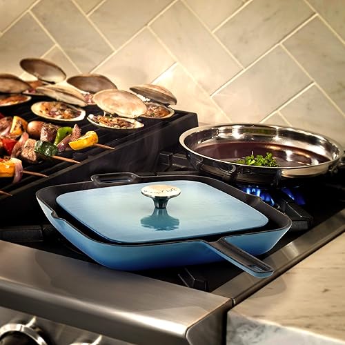 Miniatura 9 de Megachef Sartén de hierro fundido esmaltado con prensa de parrilla a juego, 11 pulgadas, azul