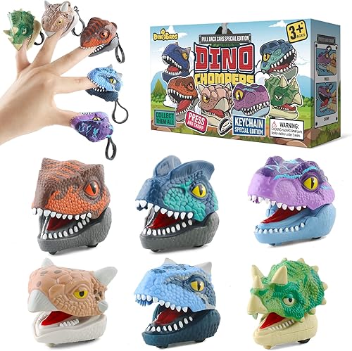 DINOBROS Juguetes de dinosaurio para automóvil que muerde los dedos, paquete de 6 dinosaurios jurásicos a presión, llavero para niños de 3, 4, 5, 6,