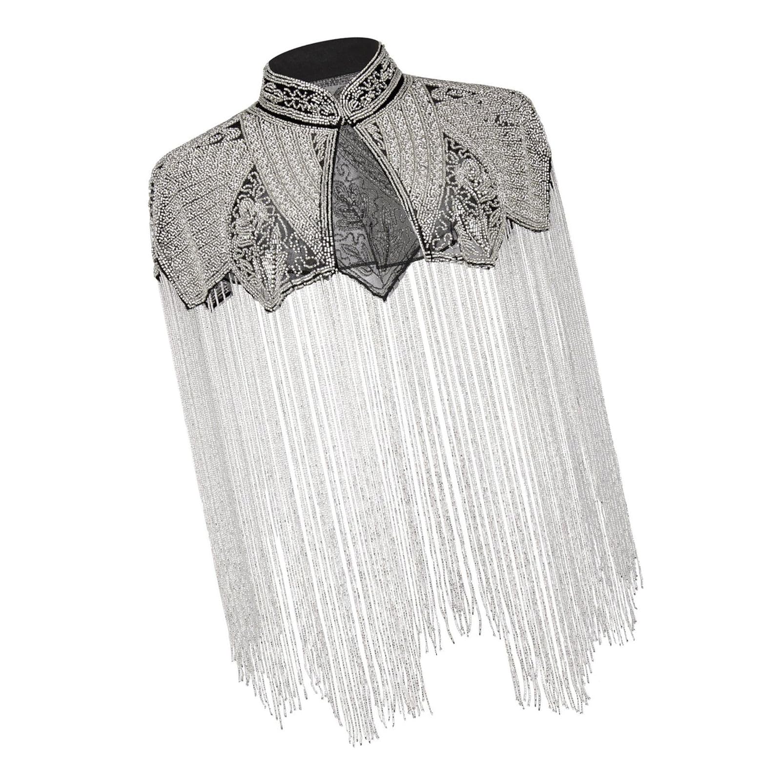 Châle élégant à longues franges avec motif géométrique perlé à la main, parfait pour les soirées et les événements formels brodés