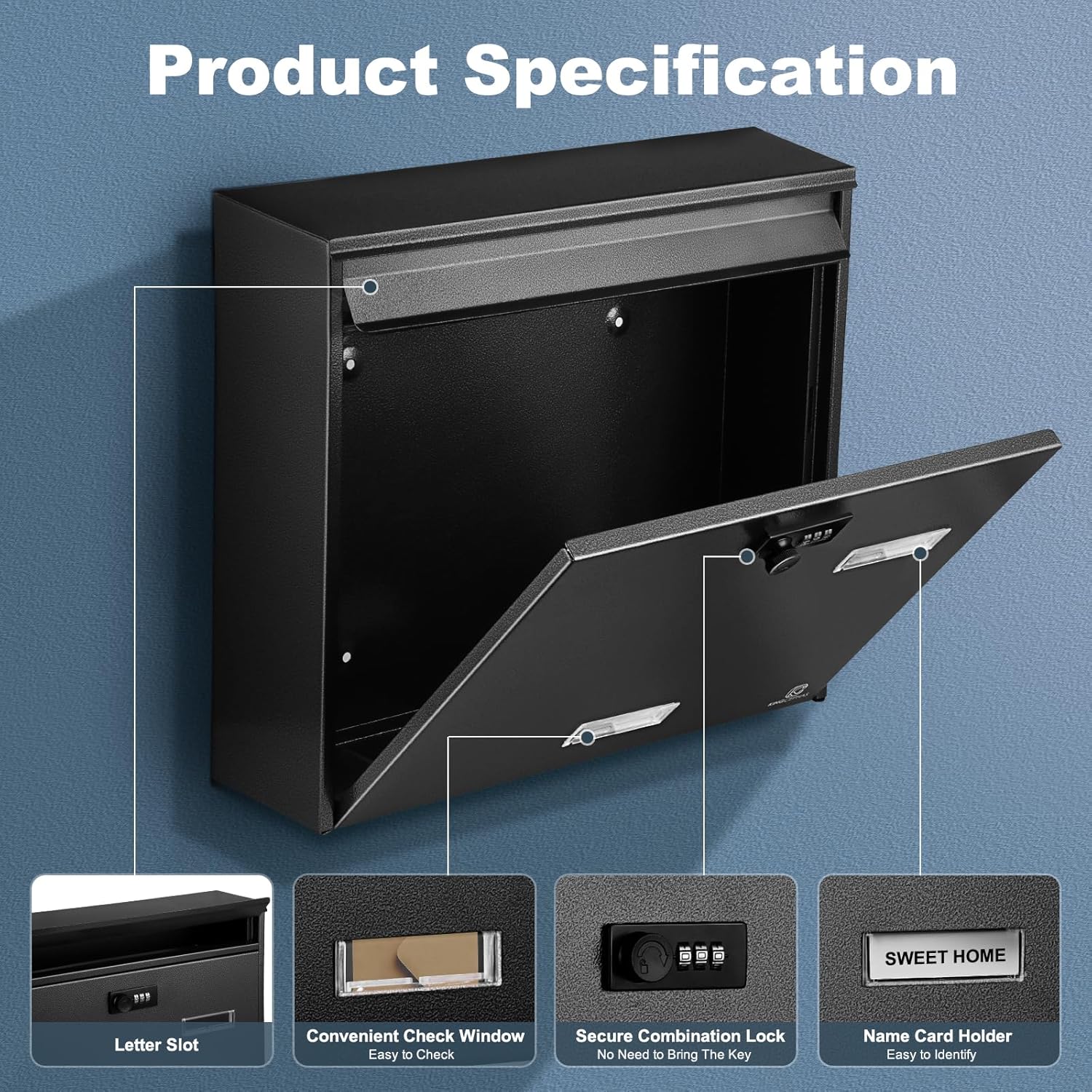 KINGCEPHAS Wall-Mounted Mailbox with Combination Lock, Large Capacity, Wall Mount Waterproof Postbox, Wall Installed Outdoor High Rust Resistance Letterbox,Mailboxes for Outside (Black)