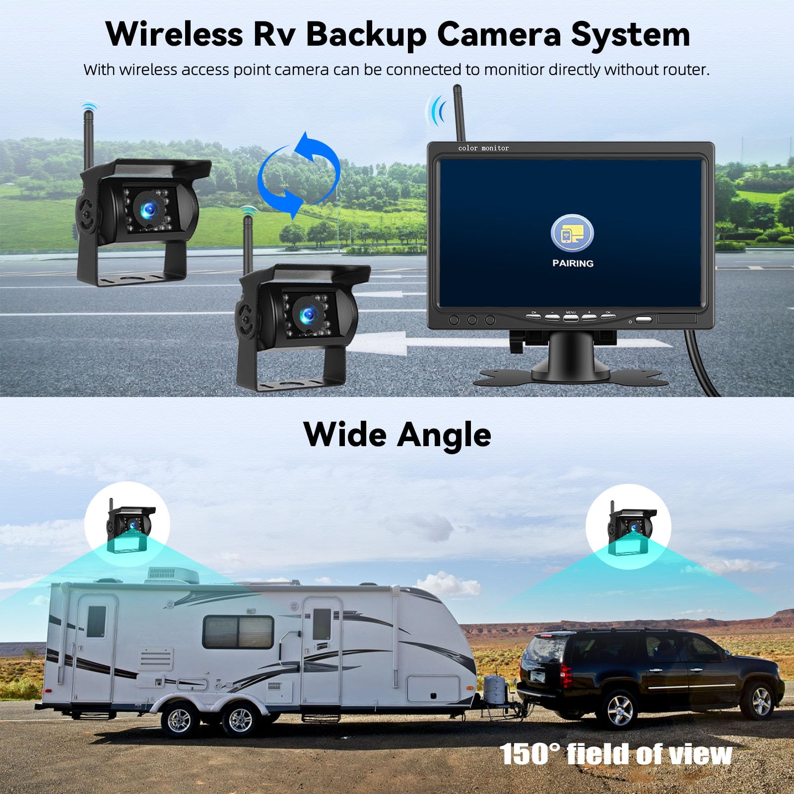 Camera de Recul pour Voiture 2 Caméras sans Fil WiFi Stable, 1080P HD Caméra de recul IP68 étanche Avertisseur d'angle Mort pour Camping Car/Camion/RV/Remorques/Agricole/Motorhome 12V-24V