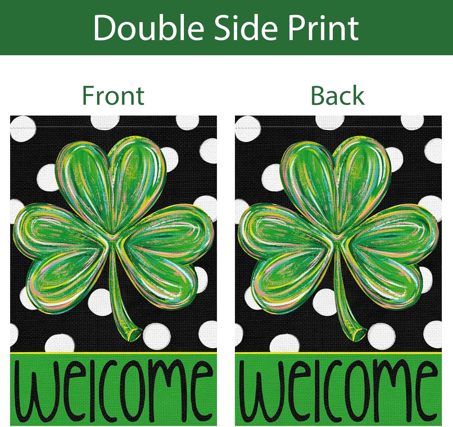 St Patricks Day Shamrock Garden Flag 12×18 Inch Double Sided for Outside, Green Clover Polka Dots Welcome Holiday Small Burlap Flag Yard Outdoor Decoration - Image 5