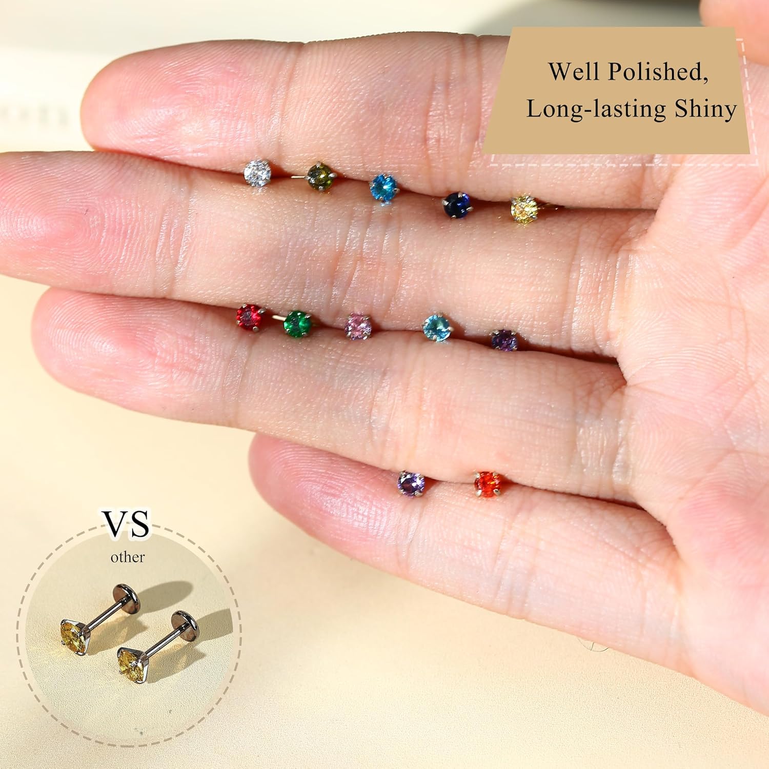 ORAZIO 20G Threadless Flat Back Earring for Women Men, Hypoallergenic Surgical Steel Push in Flatback Stud Earrings, Cartilage Helix Tragus Conch Labret Nostril Piercing Jewelry - Image 5