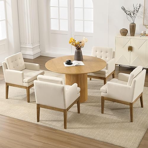 Miniatura 3 de Juego de 4 sillas de comedor color beige, sillas de comedor modernas de mediados de siglo con brazos, sillas de cocina tapizadas estilo casa de Lino