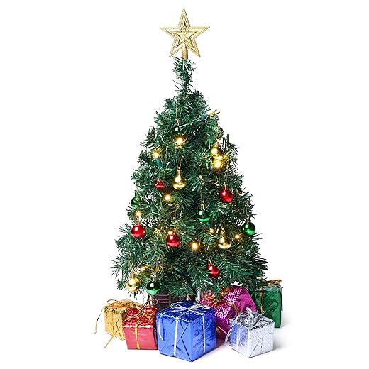 Joiedomi 24 inch Pre Lit Tabletop Christmas Tree with Warm LED Lights, Gift Box and Christmas Ball Ornaments for Indoor Xmas Holiday Season Decorations