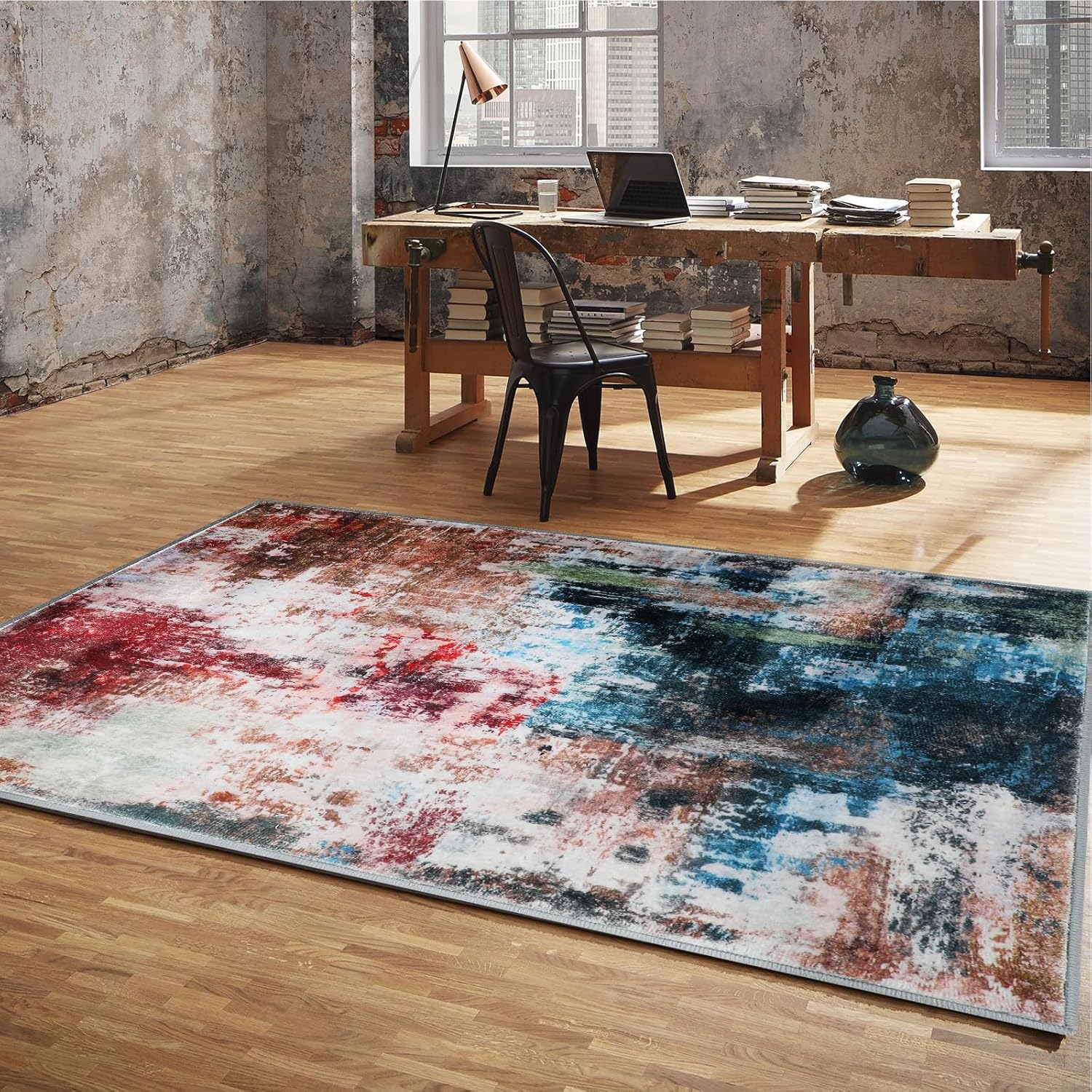 Washable Entryway Area Rug, 2x4 Small Modern Abstract Non Slip Area Throw Rug for Living Room Bedroom Kitchen Door Mat Indoor Entrance, Dark Blue