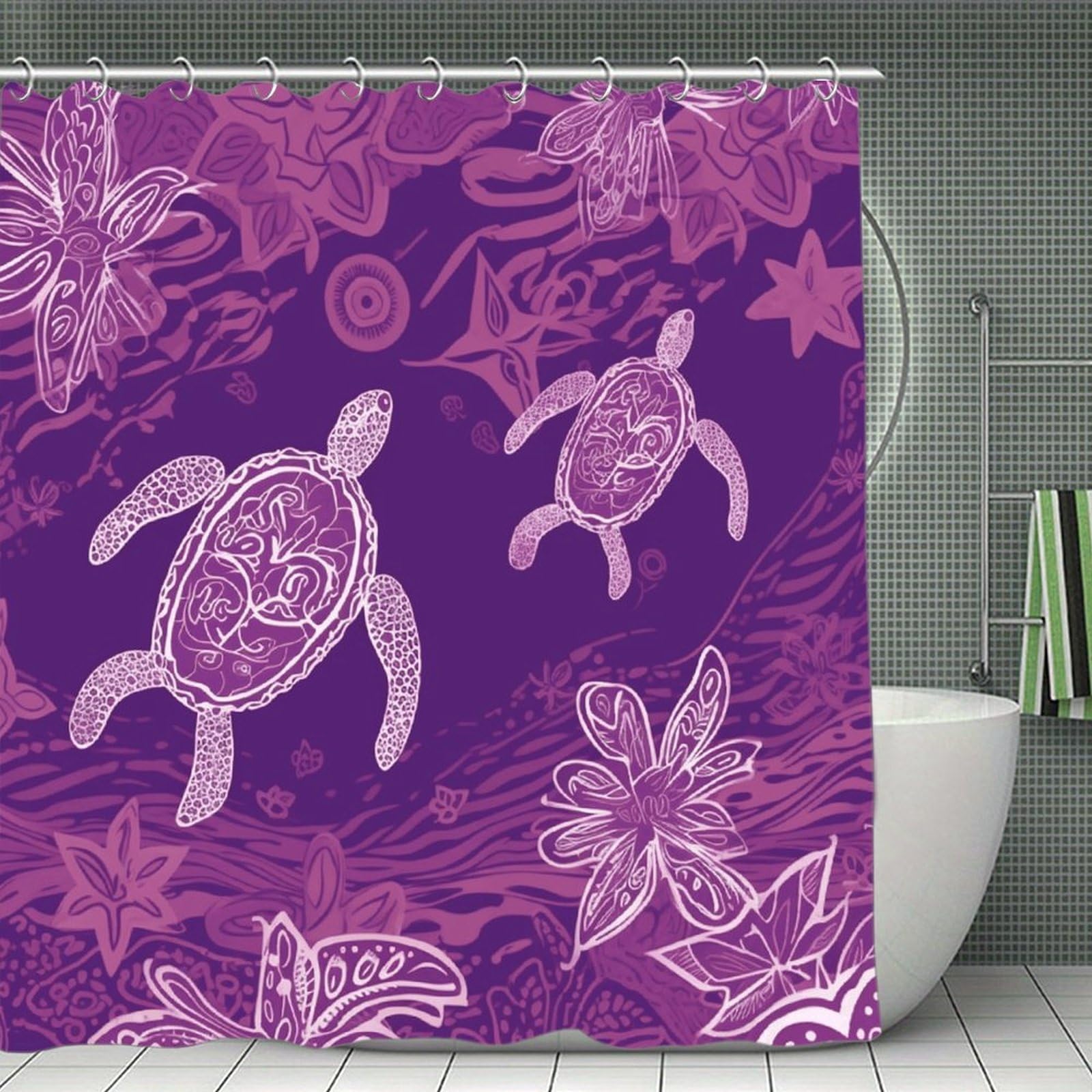 VstaDank Hawaii with Purple Sea Turtle Shower Curtain Waterproof Bathroom Shower Curtain with C Type Hooks Soft Lightweight Shower Curtains Liner Washable Polyester Cloth Shower Liner 71x71 Inch
