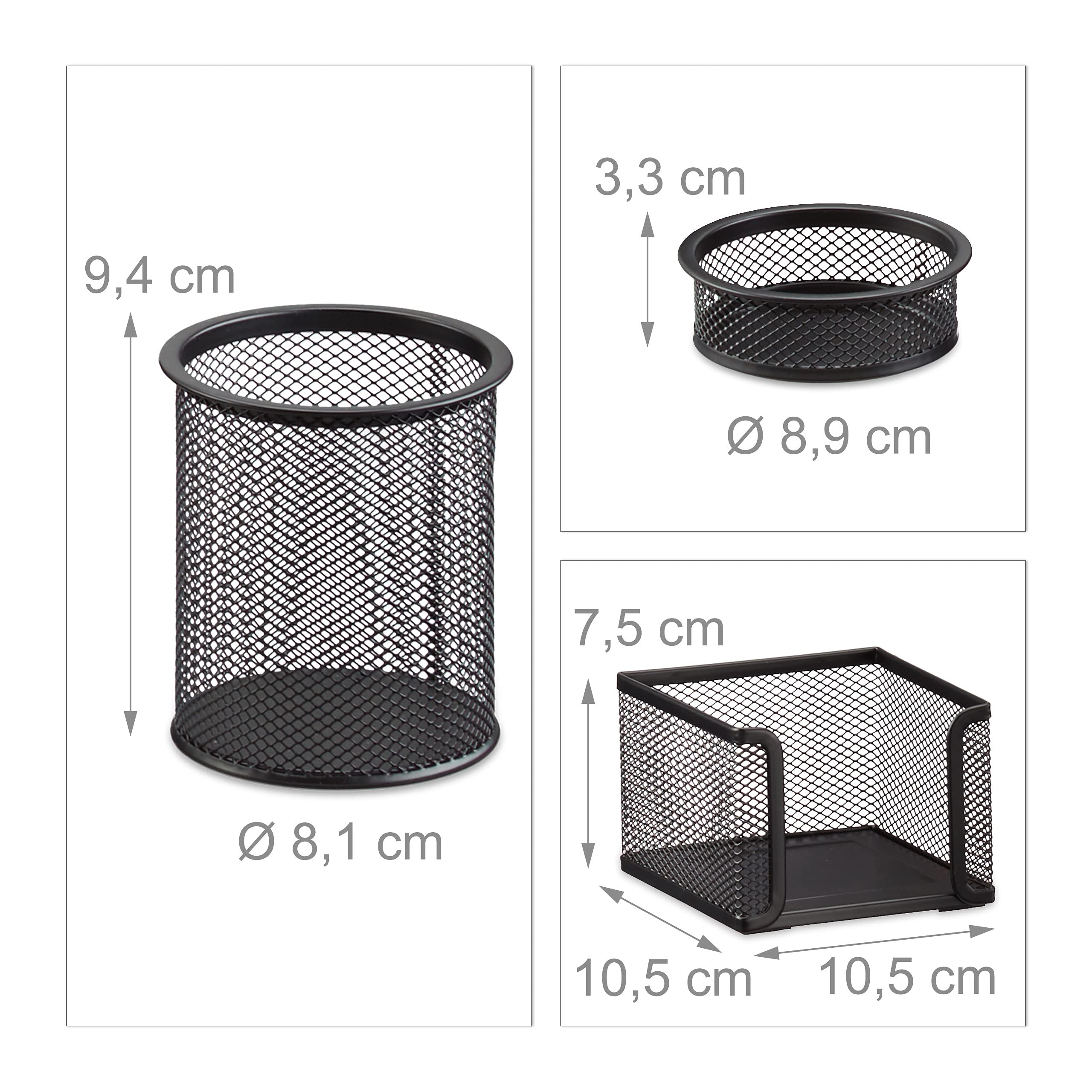 Relaxdays Set 7 fournitures de bureau pot punaises pot crayon bloc notes cartes de visite courrier métal surfaces, noir