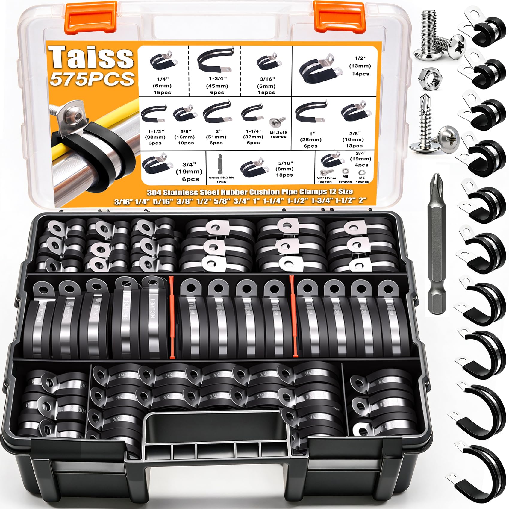 Taiss Kit assortito di 320 fascette stringicavo in acciaio inox 304 con cuscinetti in gomma e 12 misure da 3/16" 1/4" 5/16" 3/8" 1/2" 5/8" 3/4" 1" 1-1/4" 1-1/5 Morsetto per cavi da 0,1 cm (1-3/4" 5,1