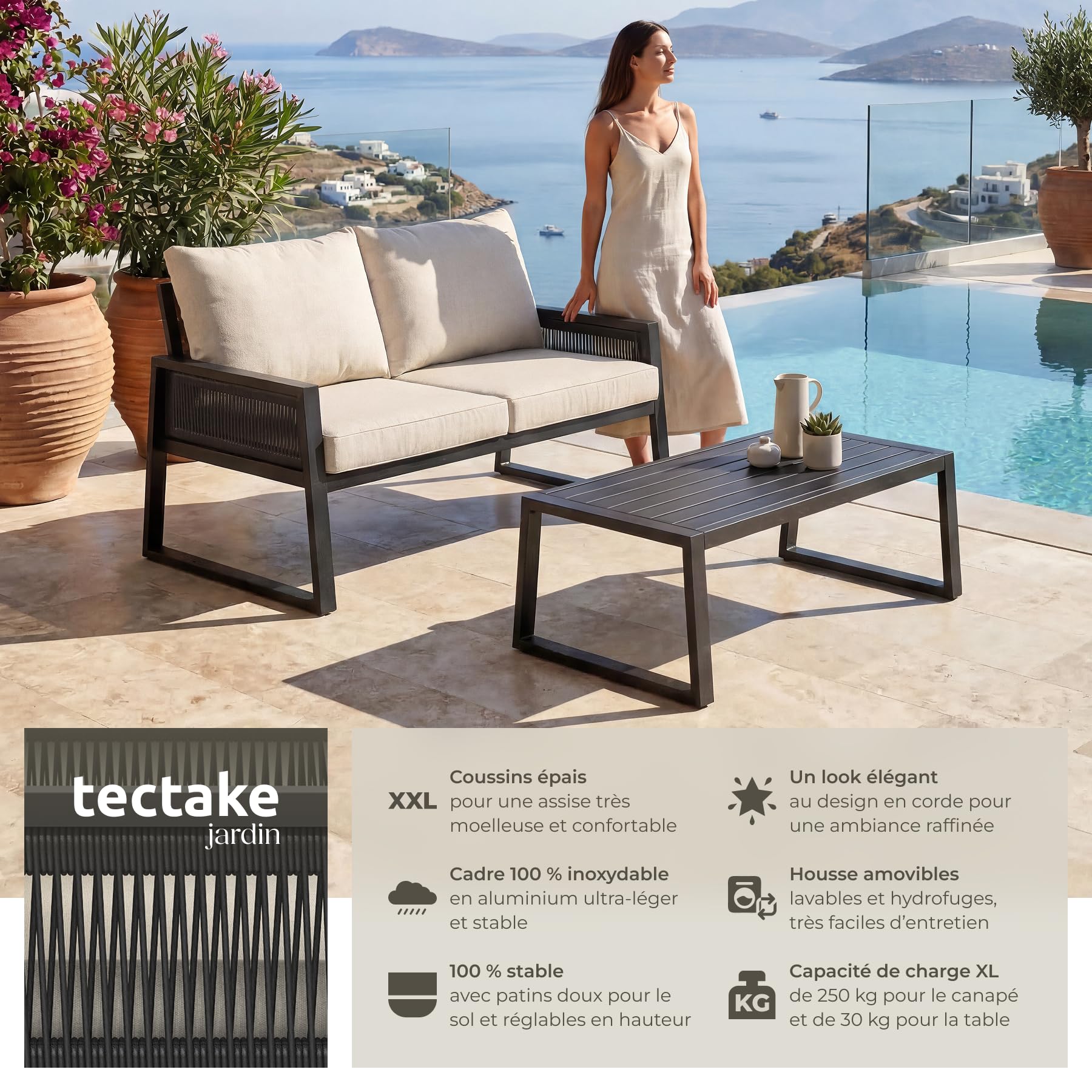 Tectake Salon de Jardin Canapé 2 Places Banquette Table Basse Coussins Inclus Cadre Aluminium laqué époxy Mobilier Exterieur