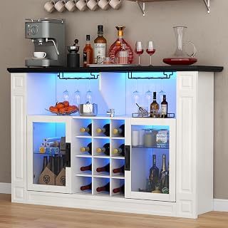 Gyfimoie Wine Bar Cabinet with RGB LED Lights, Glass Doors, Removable Racks - Versatile Home Liquor Cabinet for Kitchen & Living Room