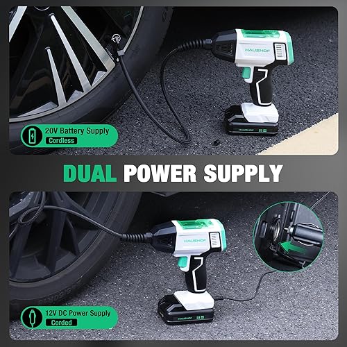 Miniatura 3 de HAUSHOF Inflador de neumáticos, compresor de aire portátil, bomba de aire inalámbrica de 150 PSI con medidor de presión digital, batería recargable