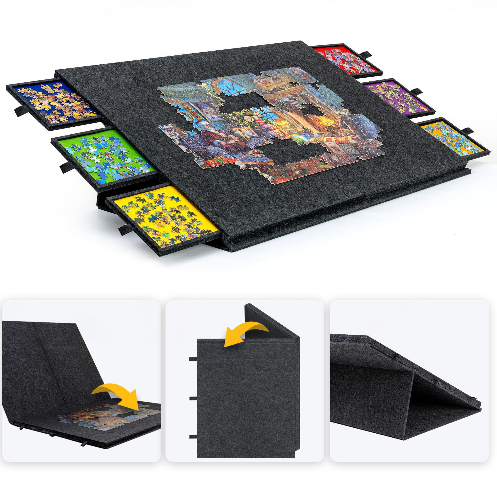 Lavievert 2000 Piece Tilting & Foldable Puzzle Table with 2-in-1 Designed Stand & Cover, Lightweight Felt Puzzle Plateau with 6 Colored Drawers, Portable Jigsaw Puzzle Board for Adults – Dark Gray