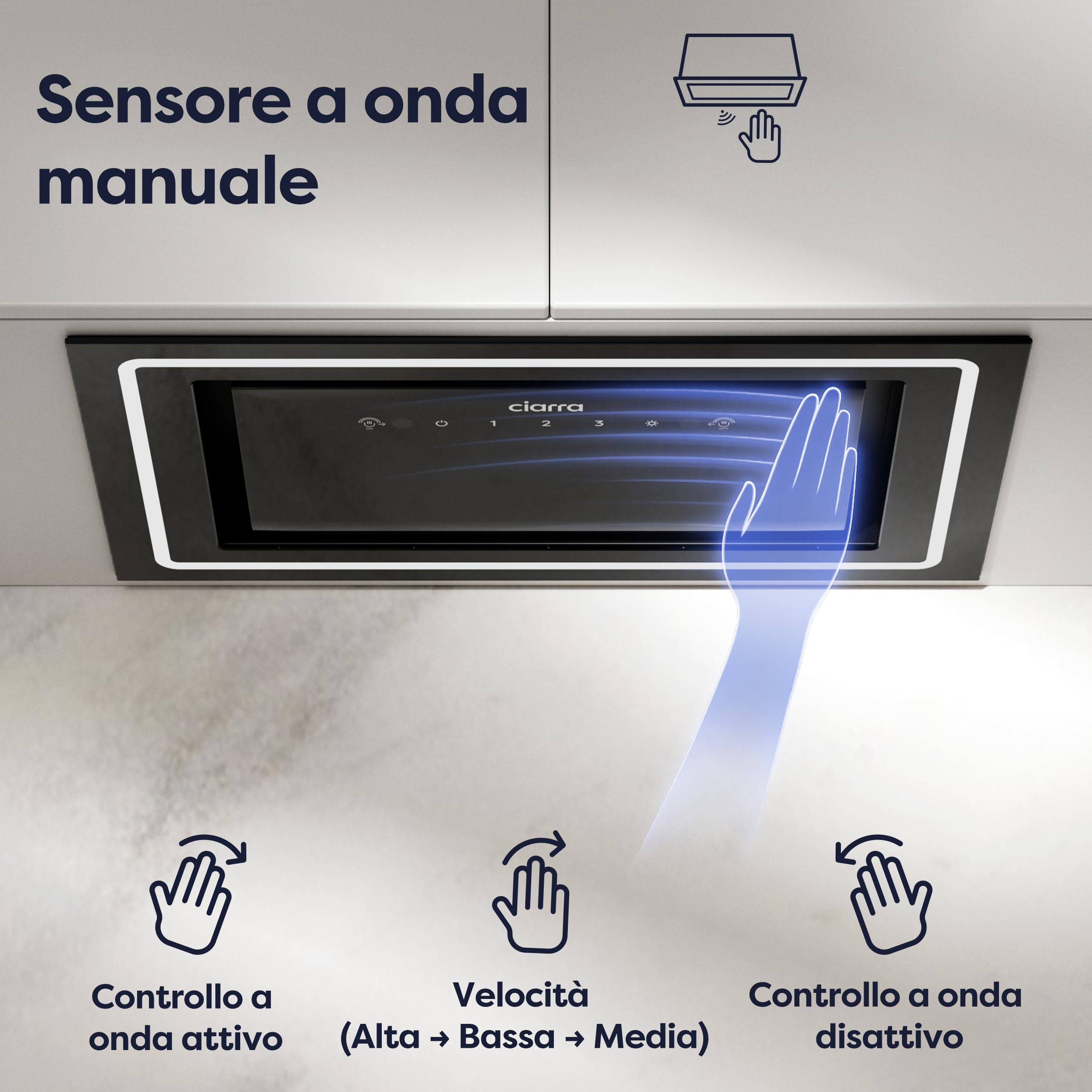 Ciarra CBCB5931C Cappa Aspirante Integrata da 52 cm, Con Controllo a Onda, Luce Led, Filtro a Carbone, Opzioni di Ricircolo e Canalizzazione, Cappa da Cucina Sottile Sottolavello