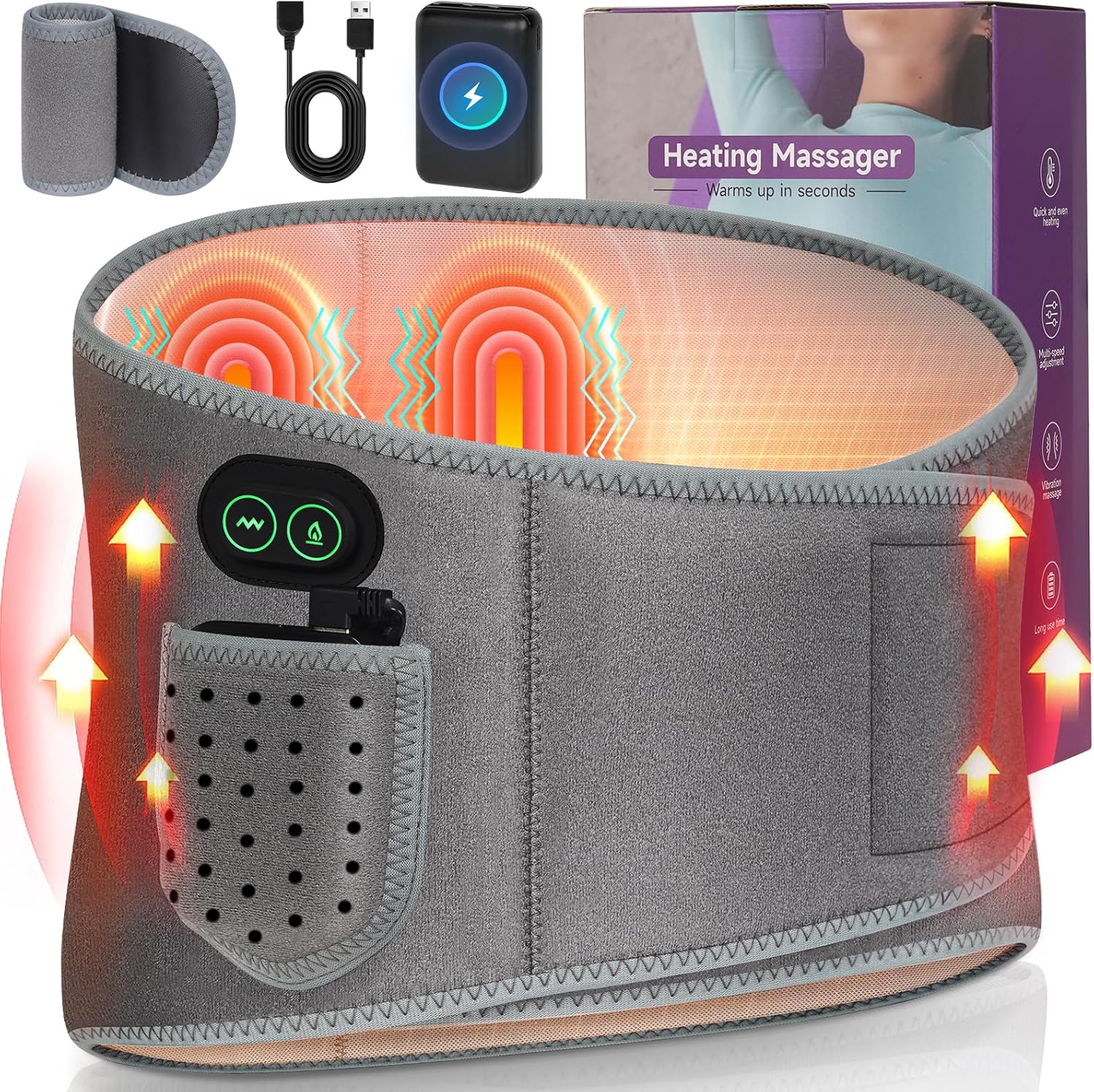 Cordless Heating Pad with Massager for Back Pain Relief,3 Heat & 3 Vibration Modes,Portable 8000mAh Rechargeable Wireless Lower Back Massager for Cramps,Birthday Gifts for Women Men Seniors Mom Dad